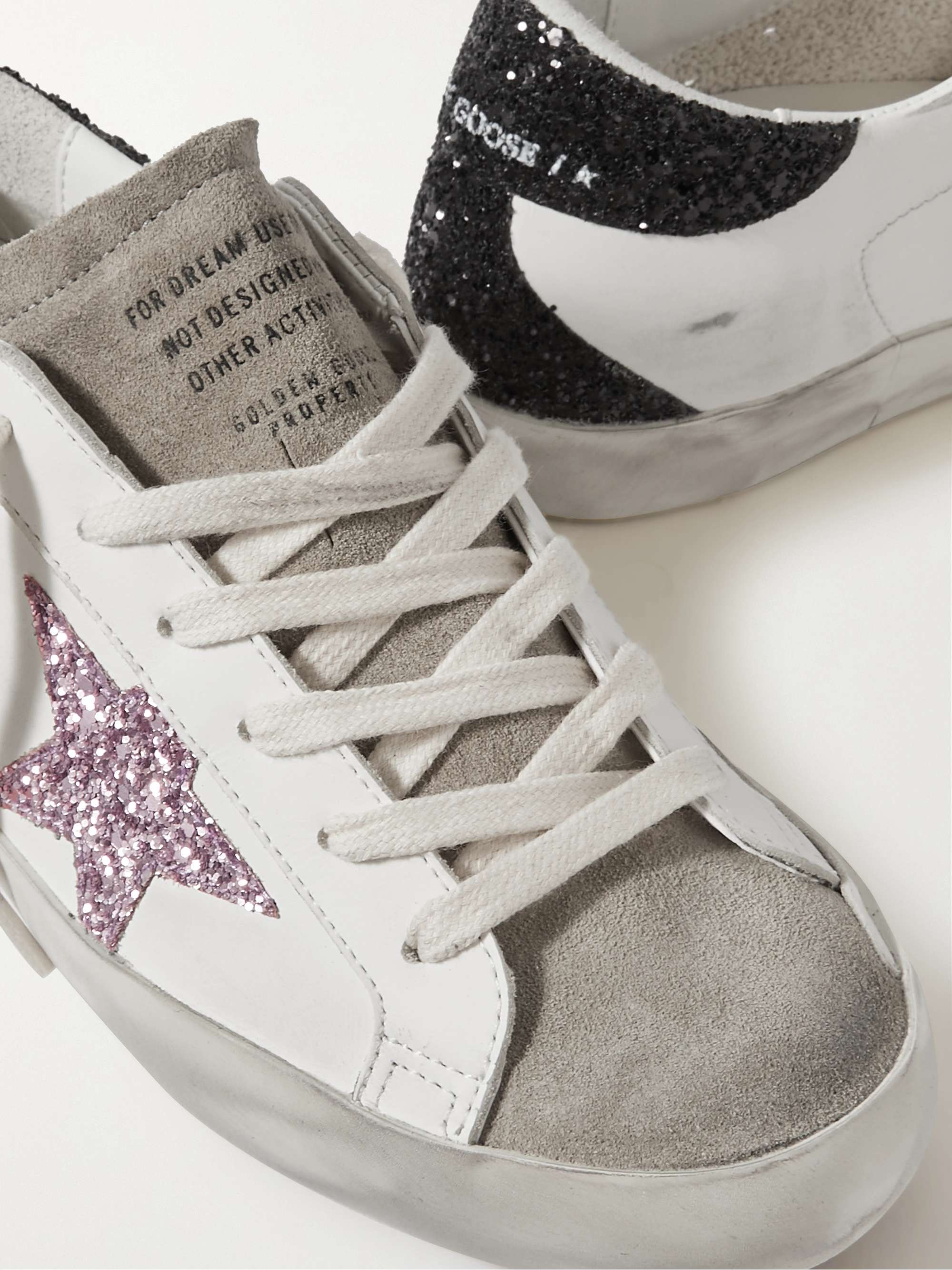 GOLDEN GOOSE Superstar distressed glittered leather sneakers | NET-A-PORTER