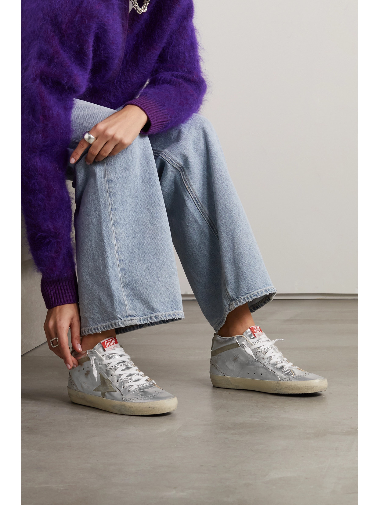 Golden Goose Mid Star Distressed Suede-trimmed Metallic Leather Sneakers In Silver