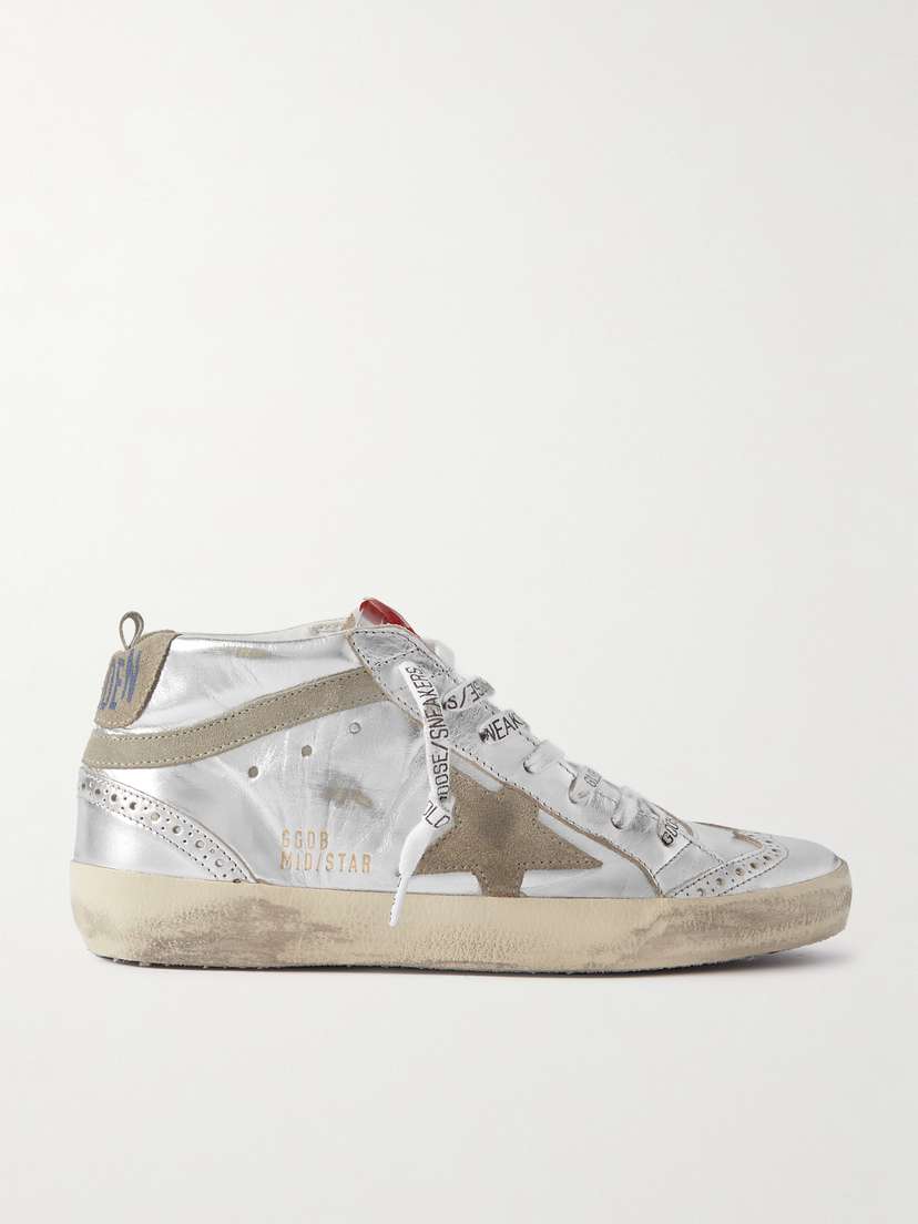 Golden Goose Mid Star Distressed Suede-trimmed Metallic Leather Sneakers