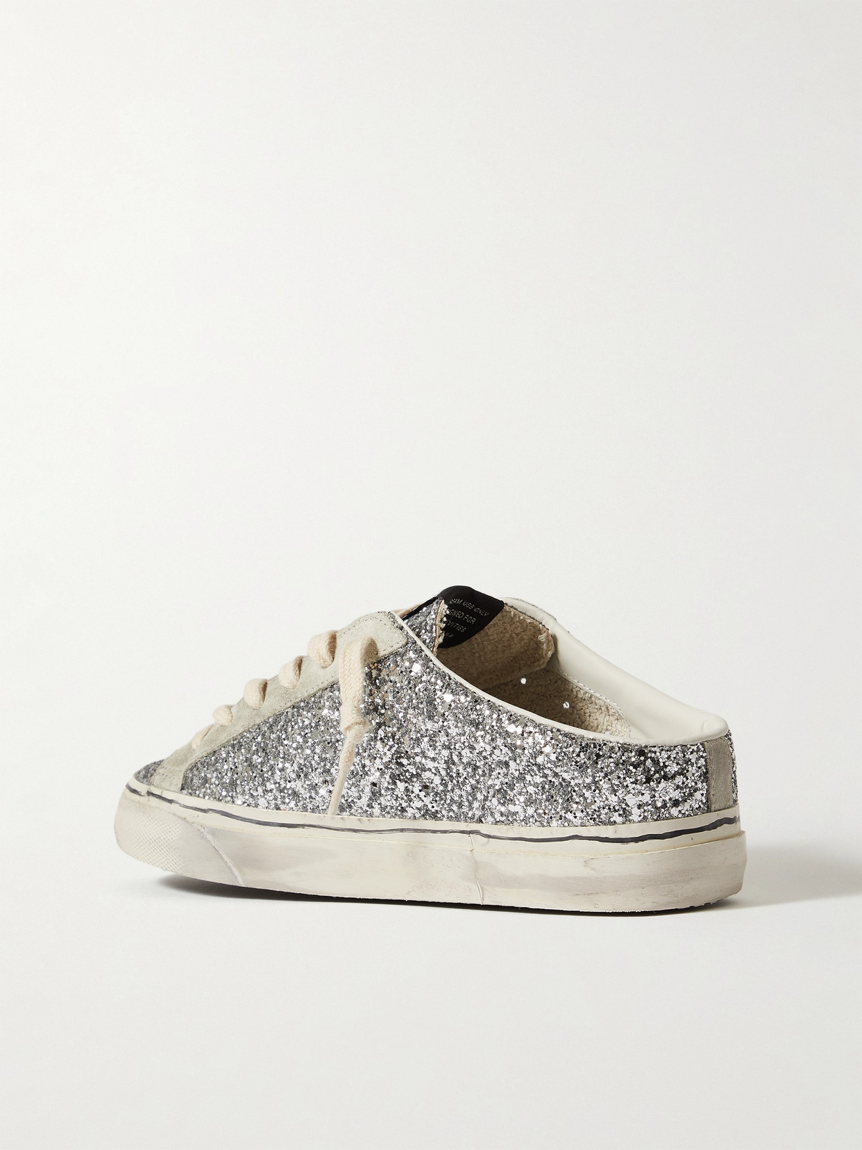GOLDEN GOOSE SUPER-STAR SABOT DISTRESSED GLITTERED LEATHER AND SUEDE SLIP-ON SNEAKERS
