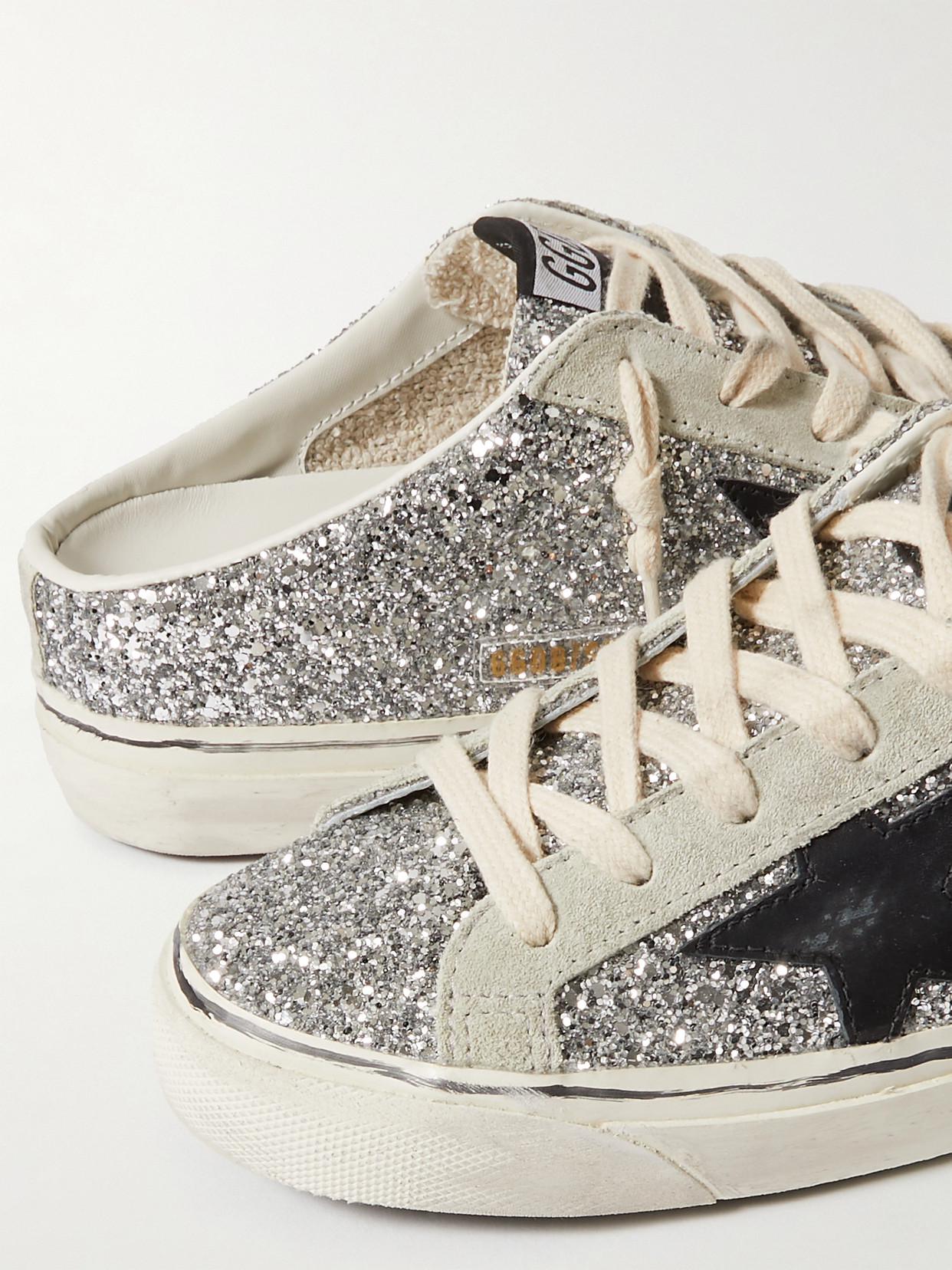 GOLDEN GOOSE SUPER-STAR SABOT DISTRESSED GLITTERED LEATHER AND SUEDE SLIP-ON SNEAKERS