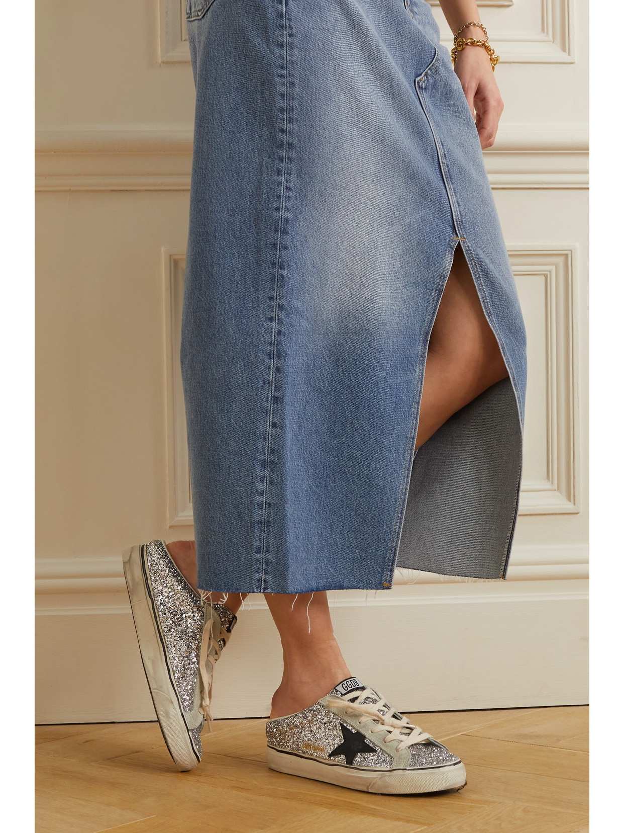 GOLDEN GOOSE SUPER-STAR SABOT DISTRESSED GLITTERED LEATHER AND SUEDE SLIP-ON SNEAKERS