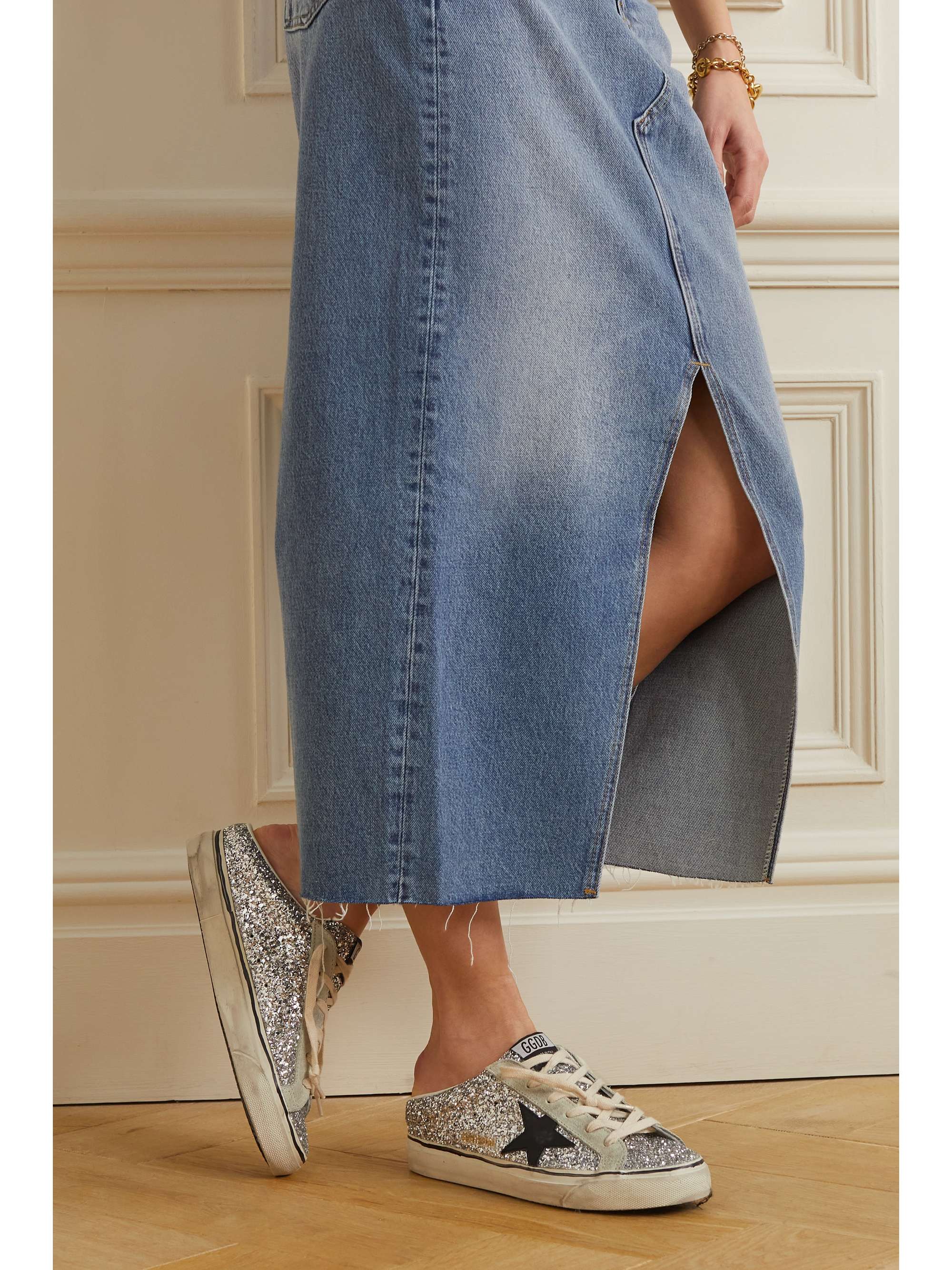 Super Star Sabot distressed glittered leather and suede slip on sneakers