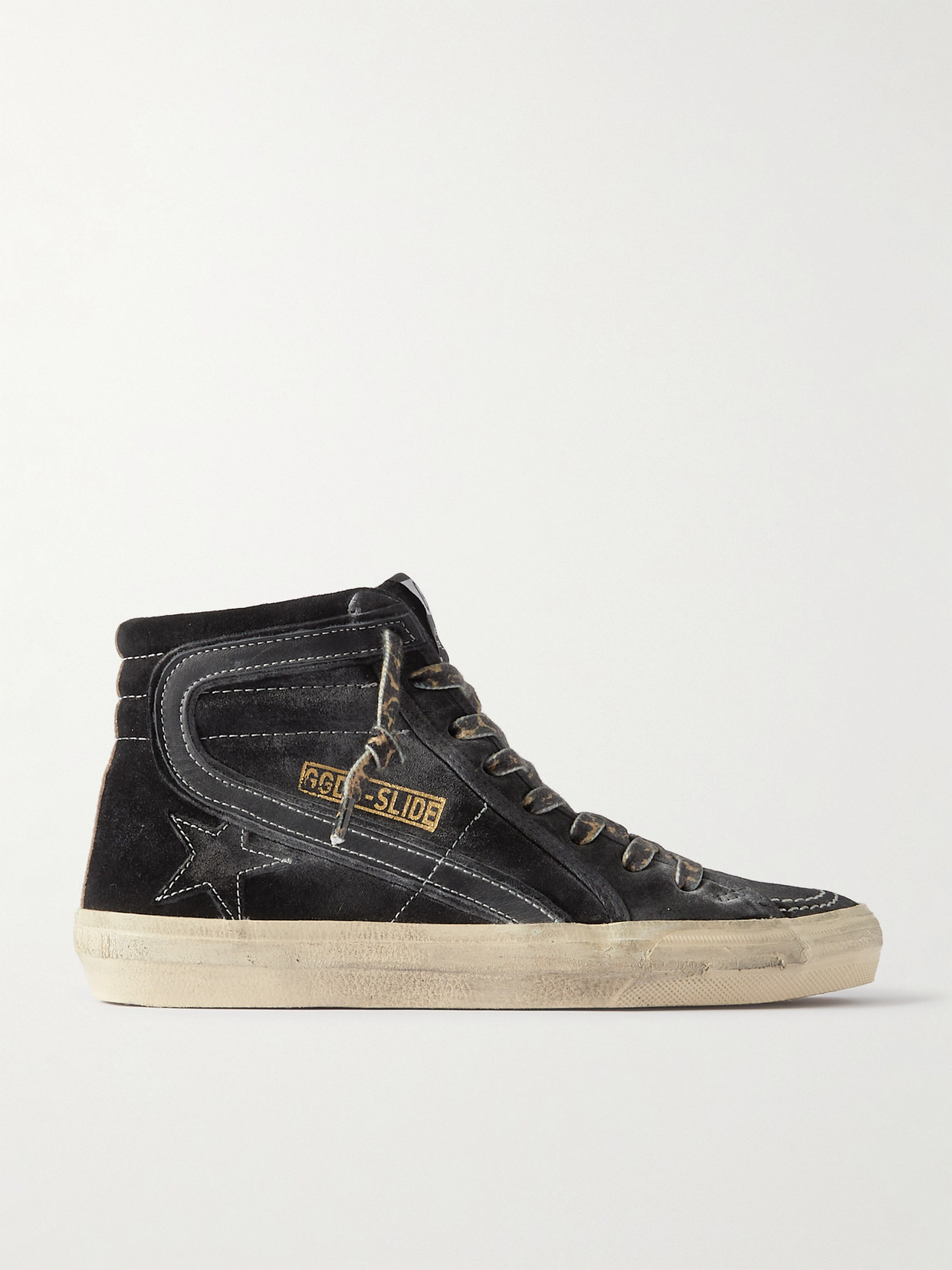 GOLDEN GOOSE SLIDE DISTRESSED LEATHER-TRIMMED SUEDE HIGH TOP SNEAKERS