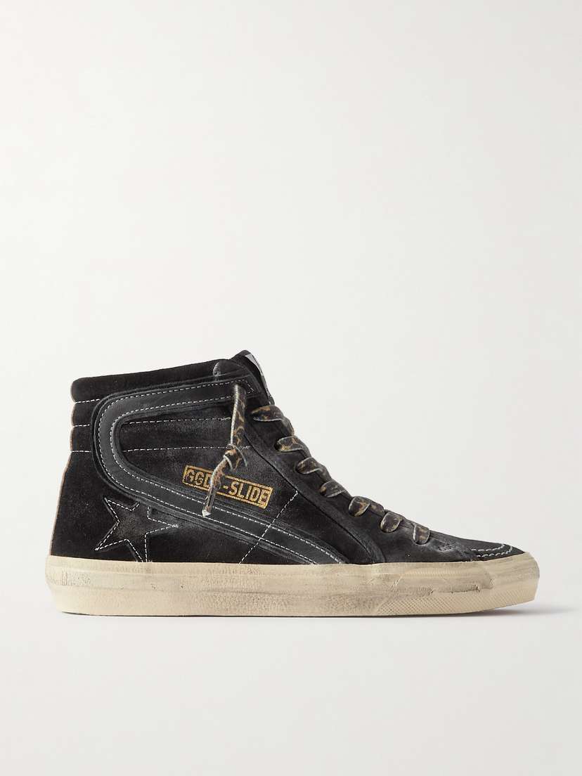 Golden Goose Slide Distressed Leather-trimmed Suede High Top Sneakers