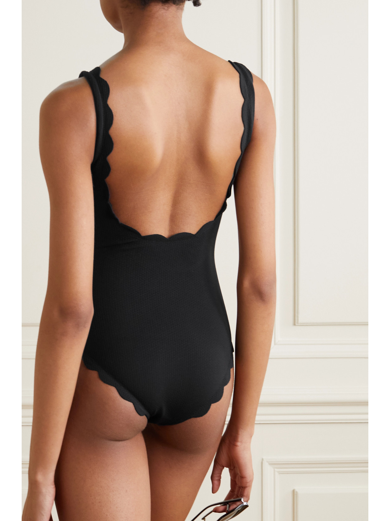 Shop Marysia + Net Sustain Palm Springs Scalloped Recycled-seersucker Swimsuit In Black