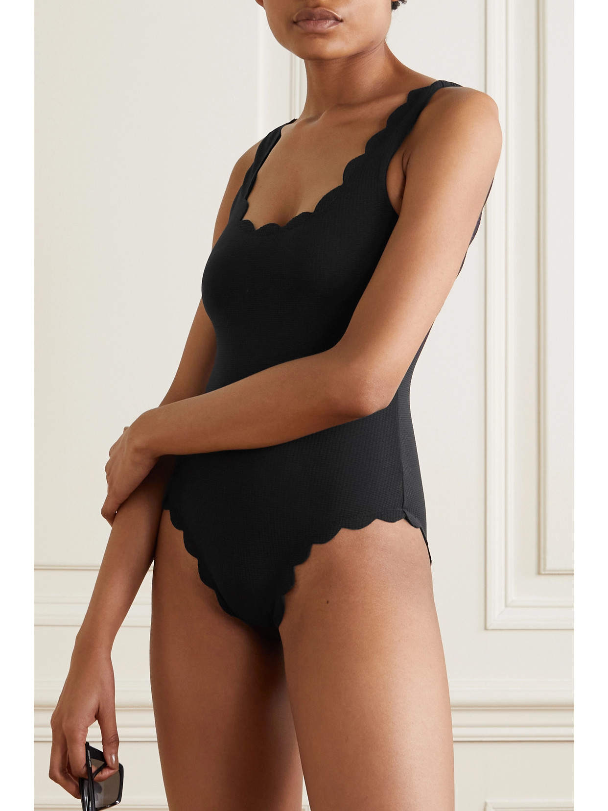 Shop Marysia + Net Sustain Palm Springs Scalloped Recycled-seersucker Swimsuit In Black