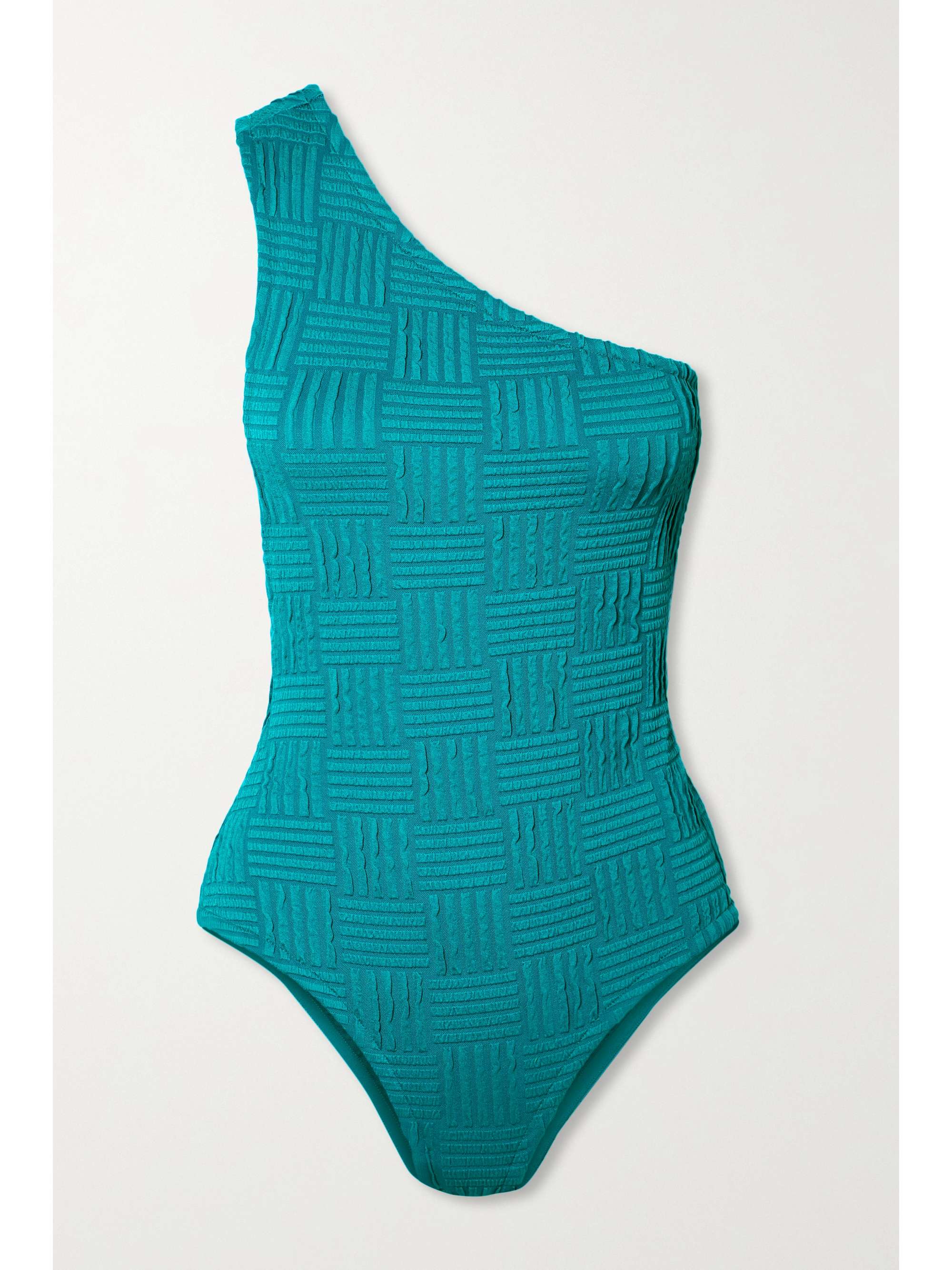 Blue One-shoulder seersucker swimsuit | BOTTEGA VENETA | NET-A-PORTER