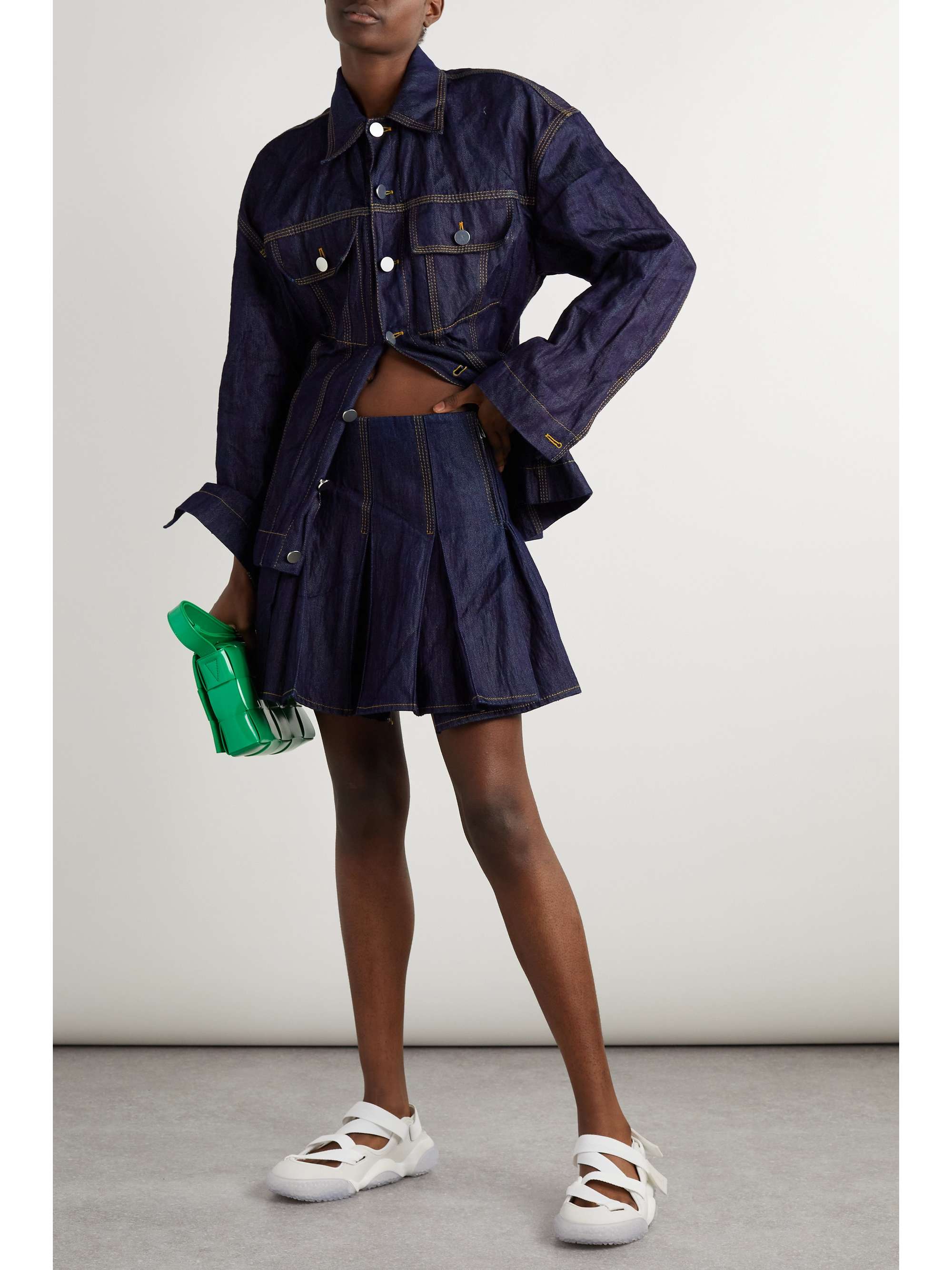 Blue Pleated crinkled-denim mini skirt 