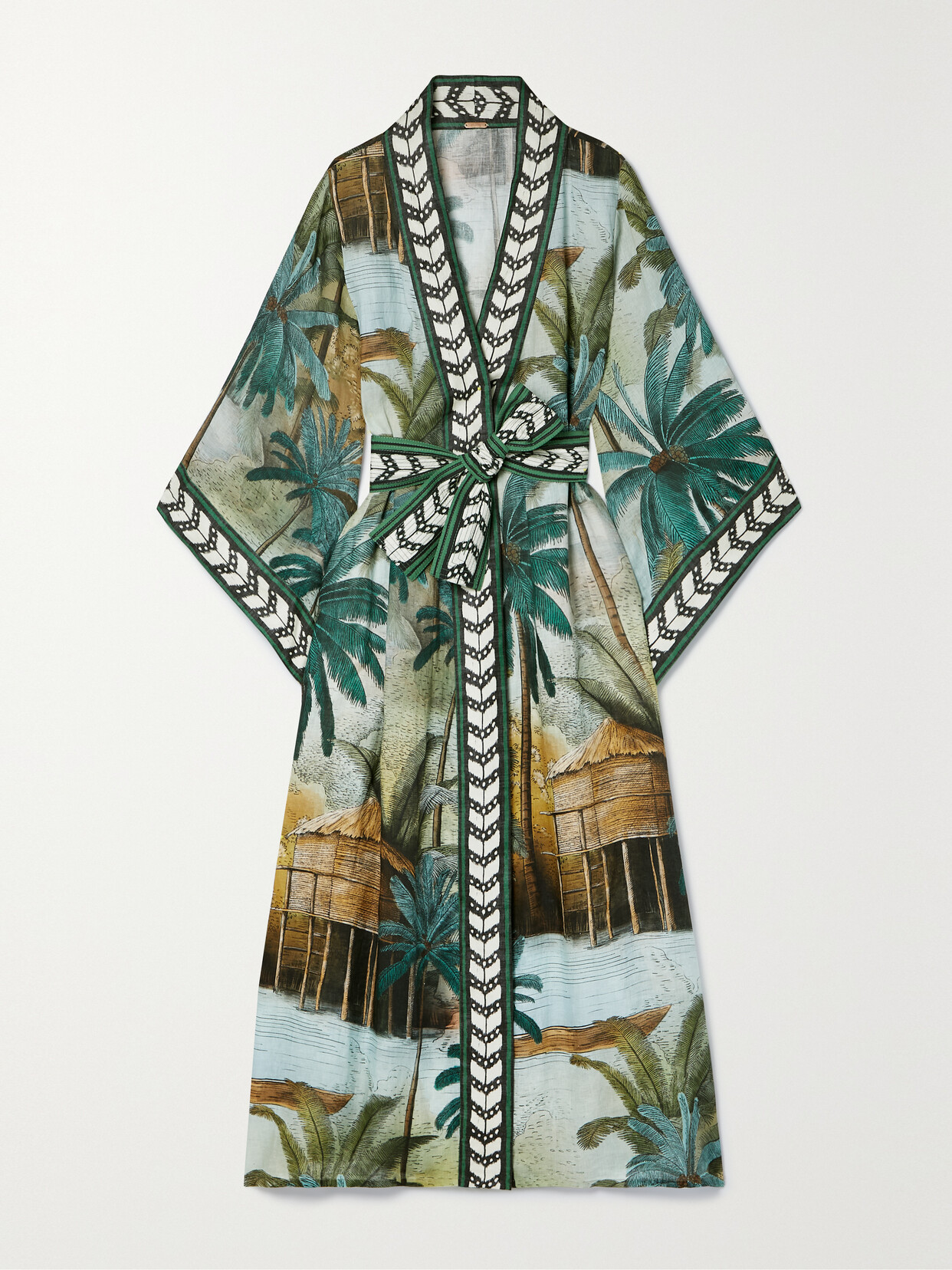 Johanna Ortiz Caribe Bambala Belted Printed Linen Kaftan In Green