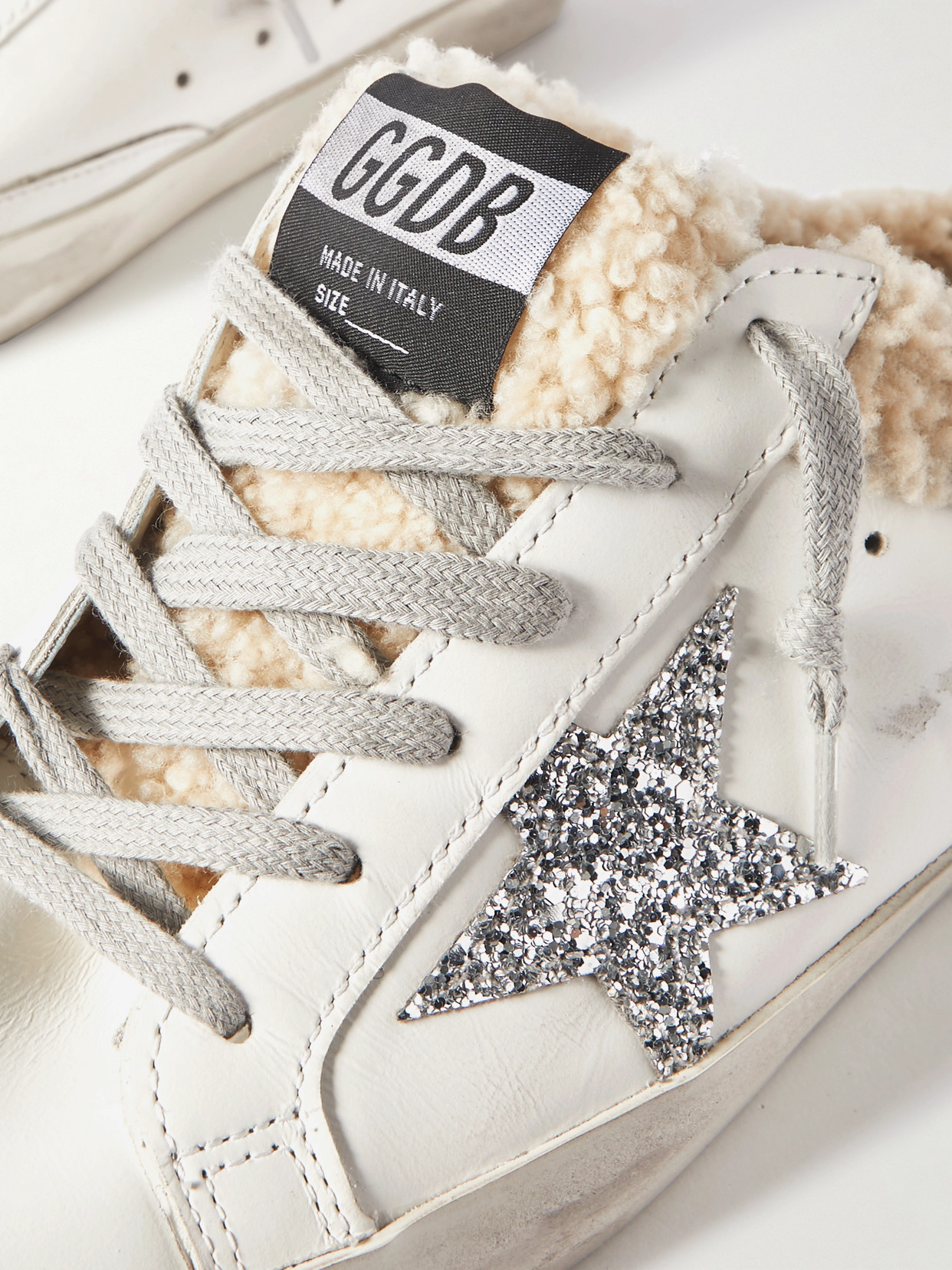Golden Goose Superstar Sabot Shearling-lined Distressed Glittered Leather Slip-on Sneakers In White