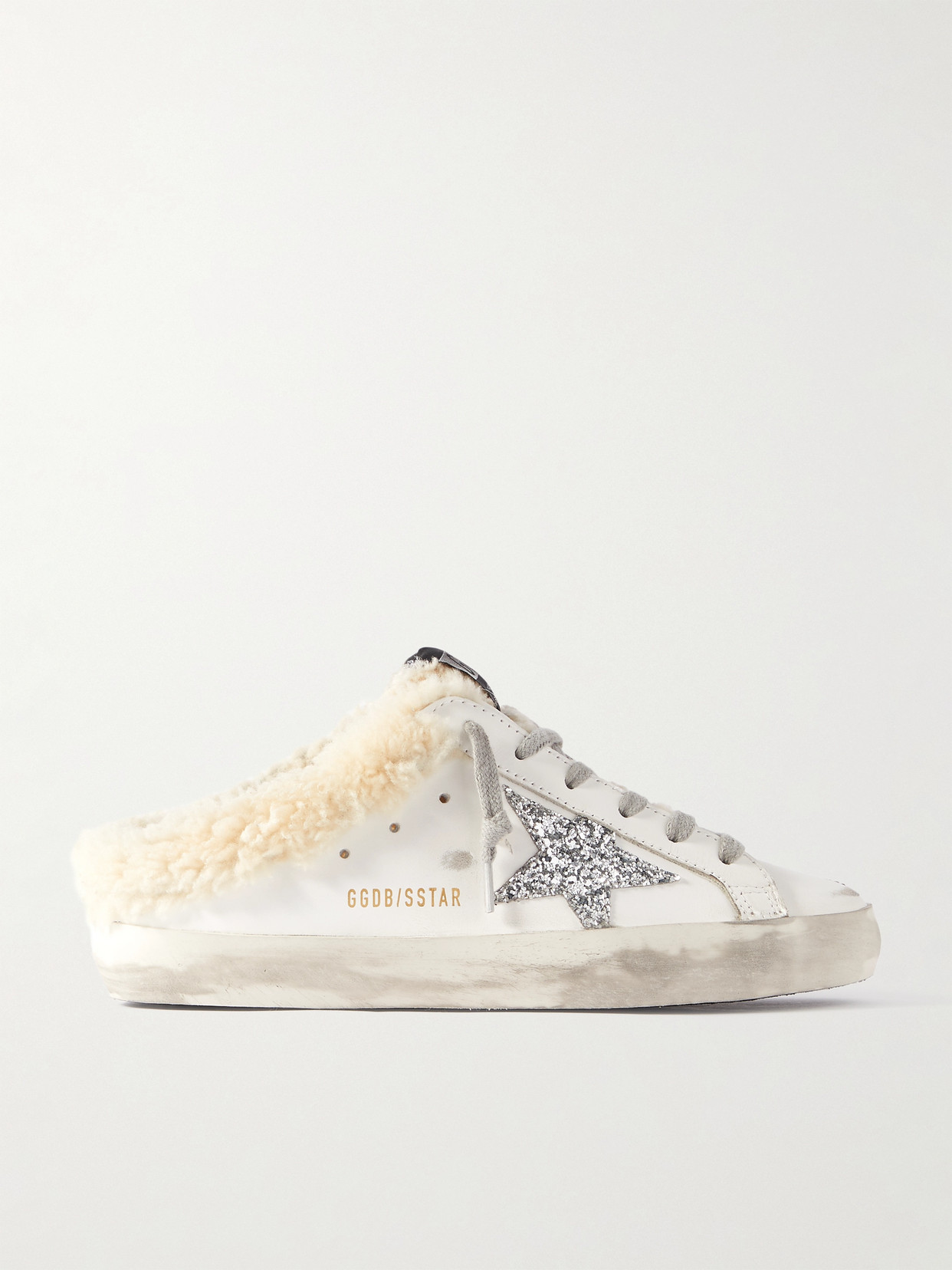 Golden Goose Superstar Sabot Shearling-lined Distressed Glittered Leather Slip-on Sneakers In White