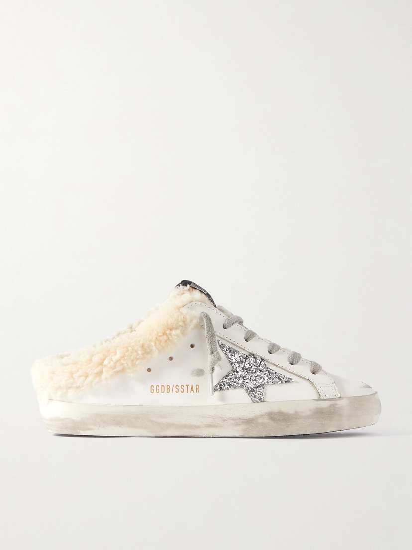 Golden Goose Superstar Sabot Shearling-lined Distressed Glittered Leather Slip-on Sneakers