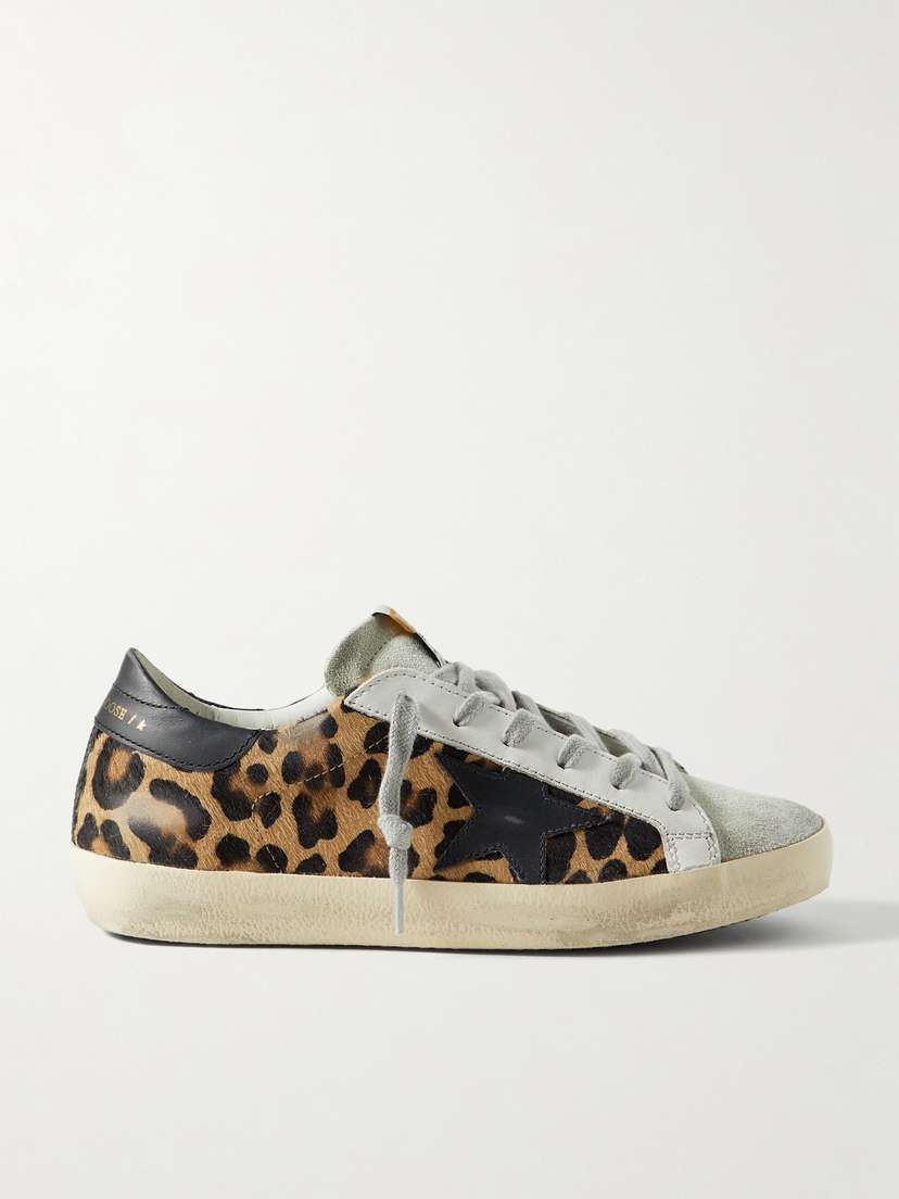 Golden Goose Superstar Distressed Leopard-print Calf Hair, Leather And Suede Sneakers