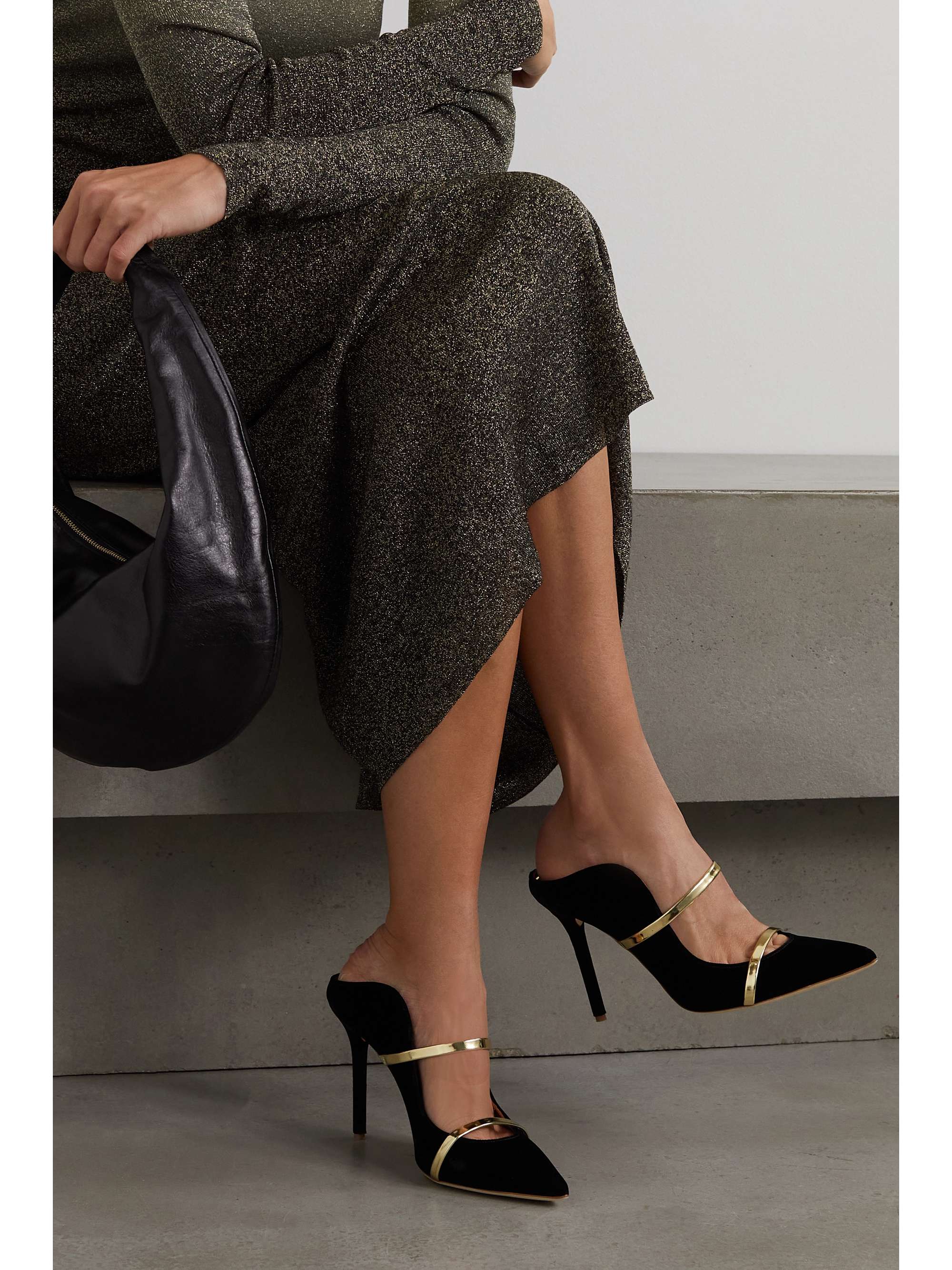 MALONE SOULIERS Maureen 100 metallic leather-trimmed velvet mules |  NET-A-PORTER