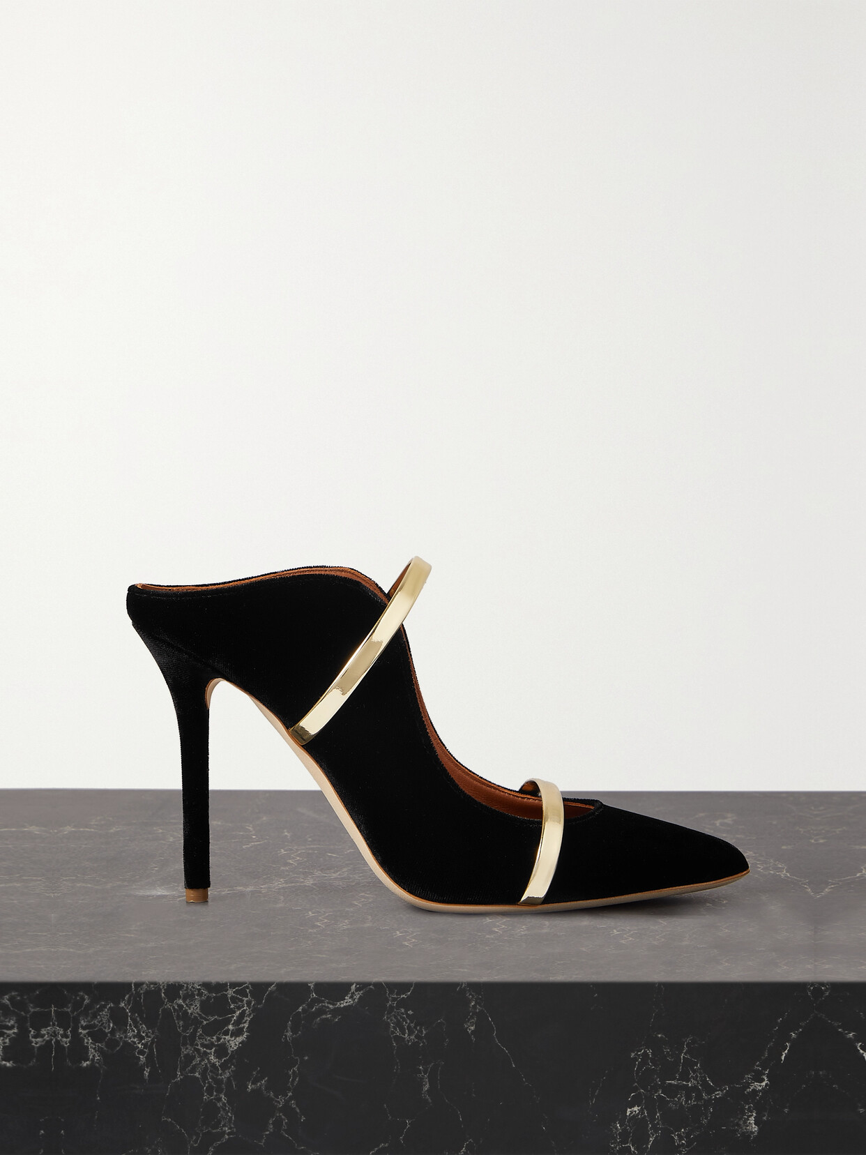 Shop Malone Souliers Maureen 100 Metallic Leather-trimmed Velvet Mules In Black