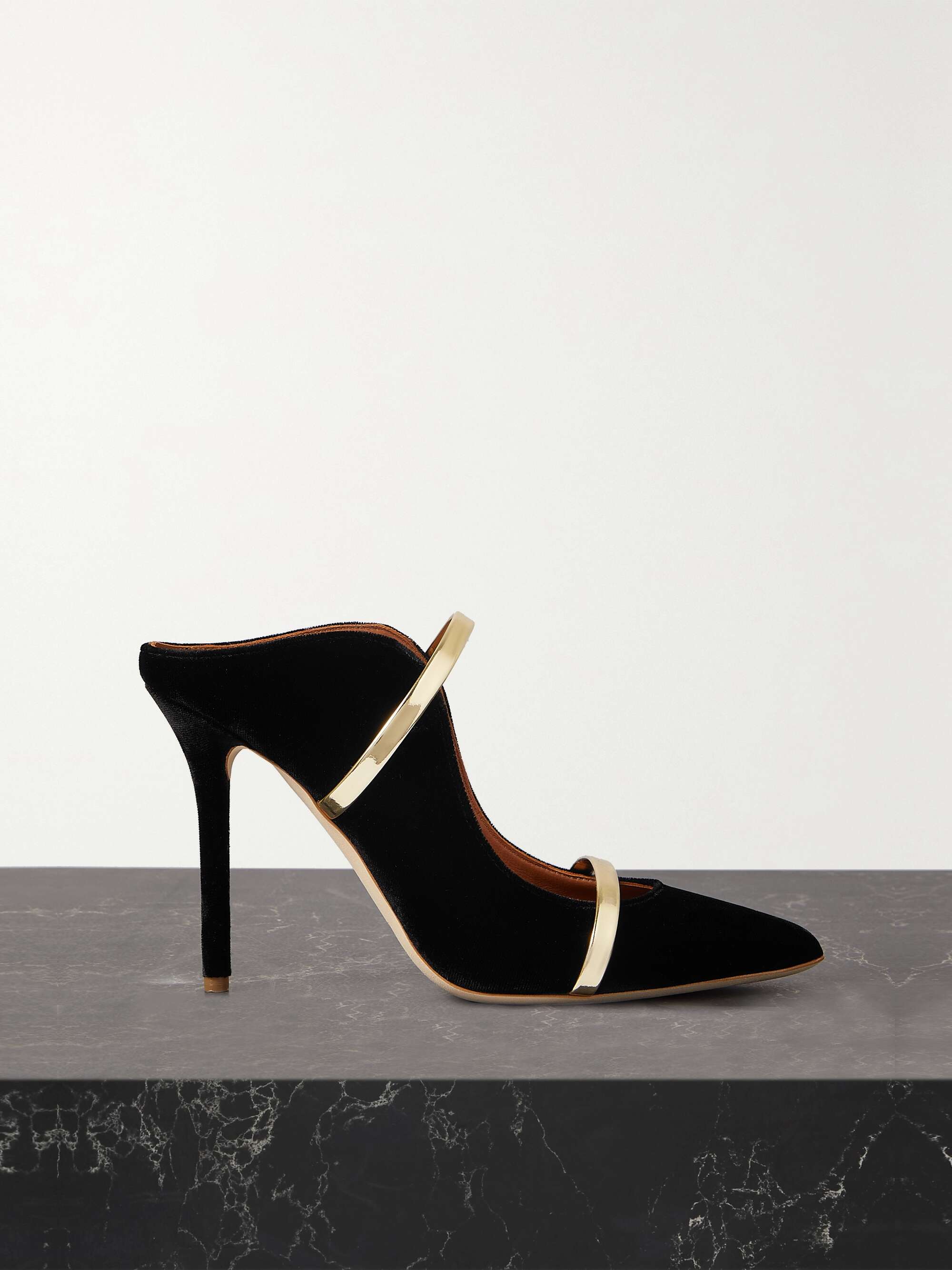 MALONE SOULIERS Maureen 100 metallic leather-trimmed velvet mules |  NET-A-PORTER