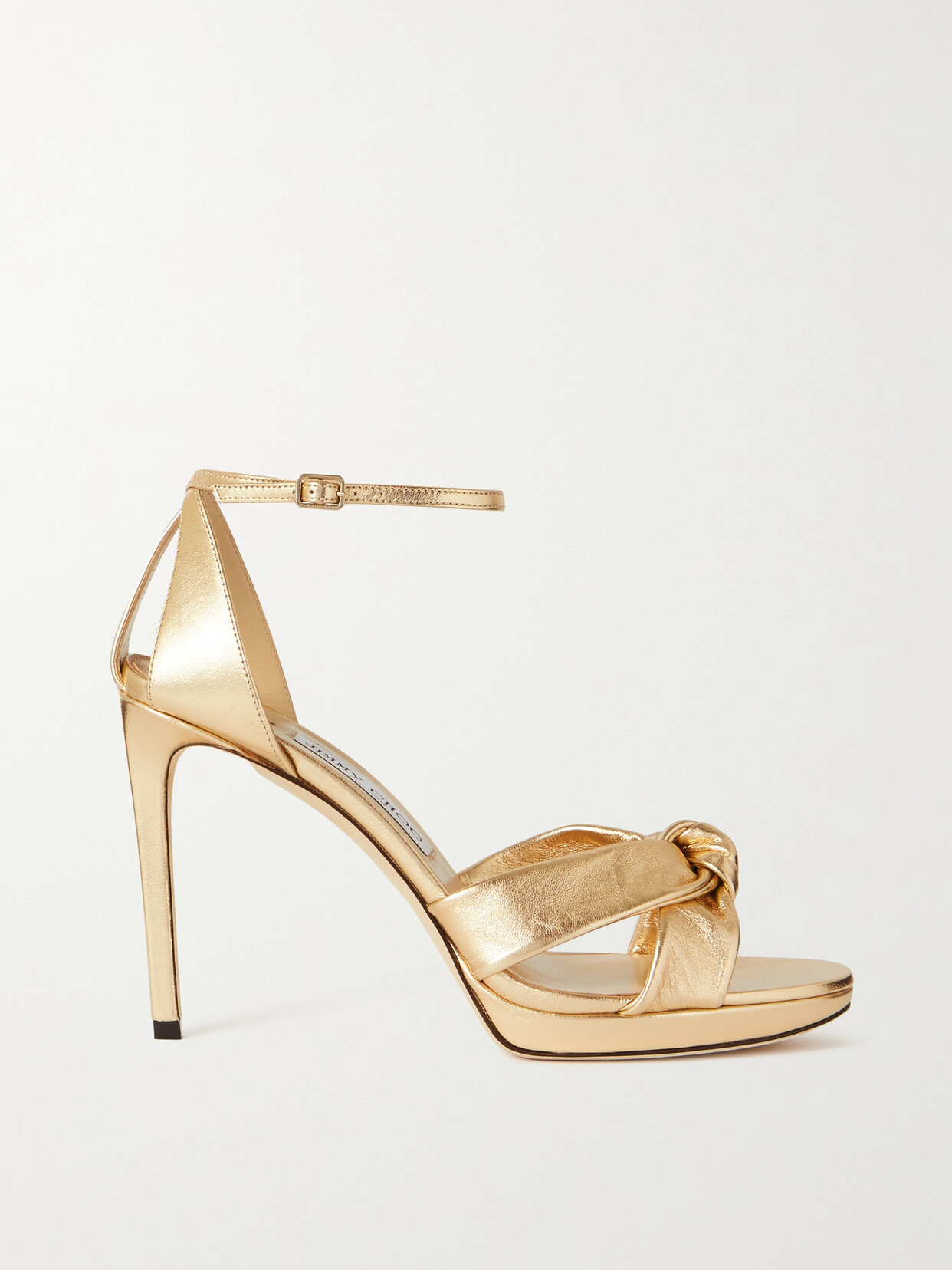 Shop Jimmy Choo Rosie 100 Knotted Metallic Leather Sandals In Gold