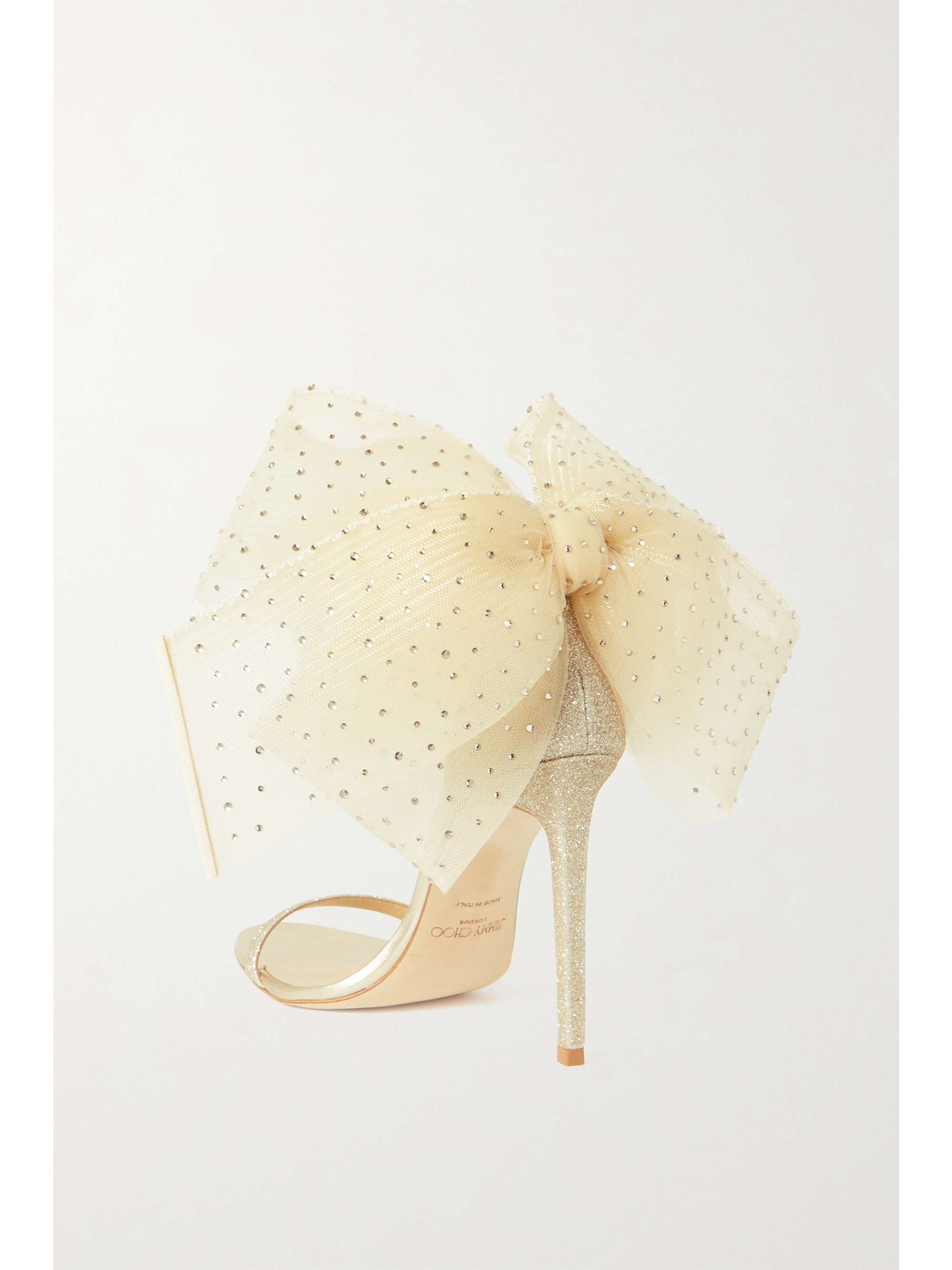 JIMMY CHOO Aveline 100 bow-detailed mirrored-leather sandals