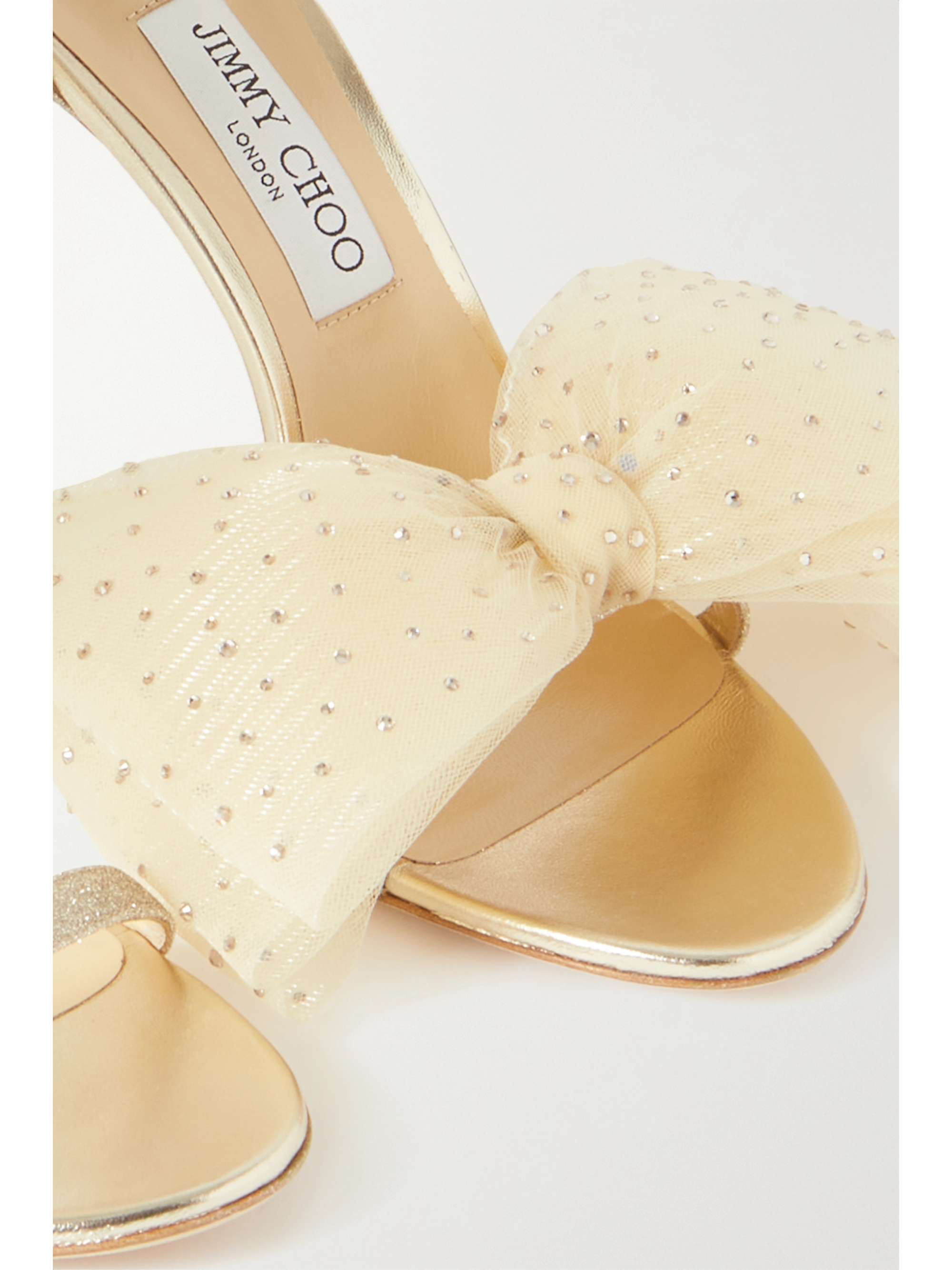 JIMMY CHOO Aveline 100 bow-detailed mirrored-leather sandals