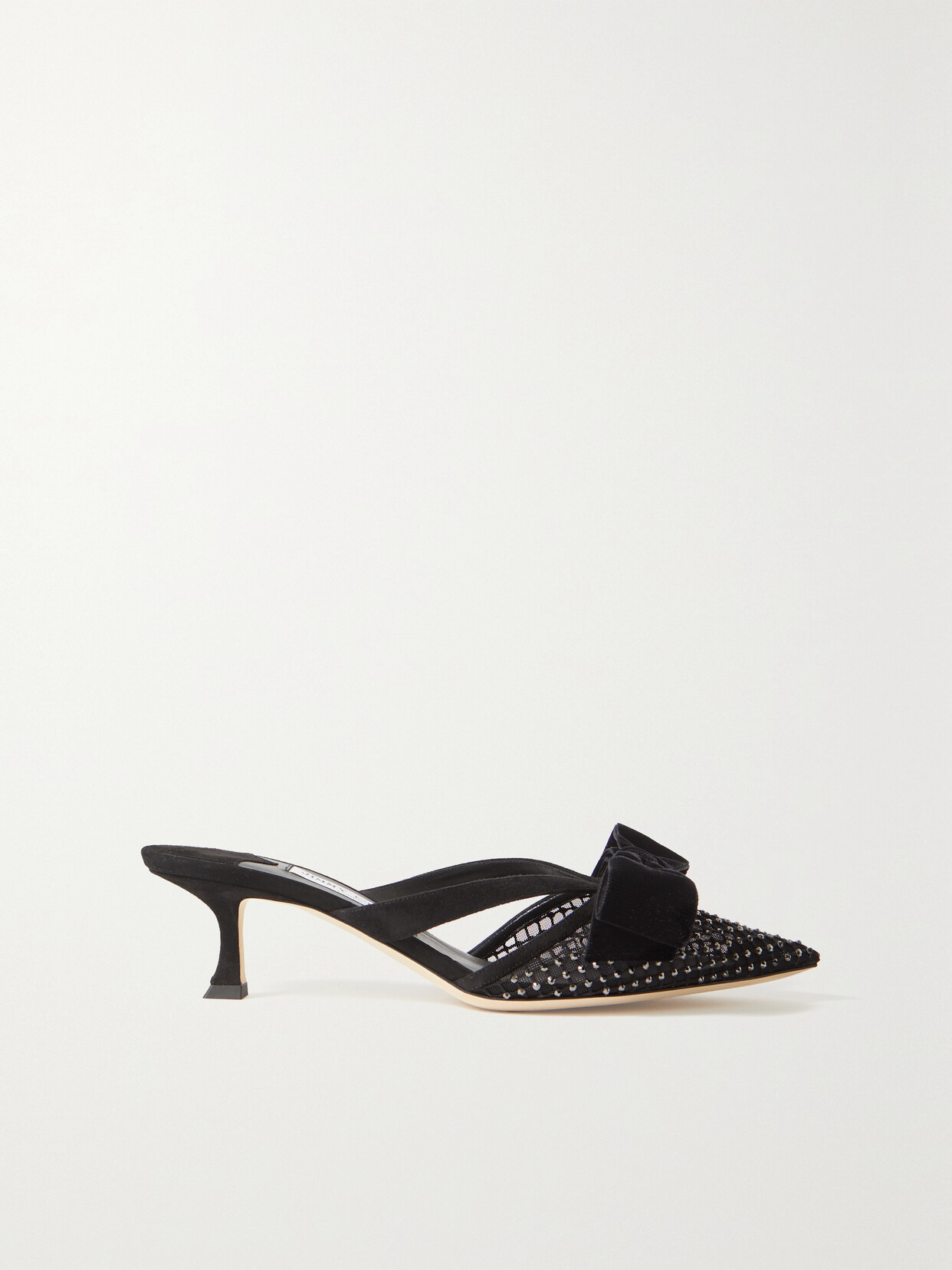 Jimmy Choo Flaca 50 Bow And Crystal-embellished Mesh And Suede Mules In Black