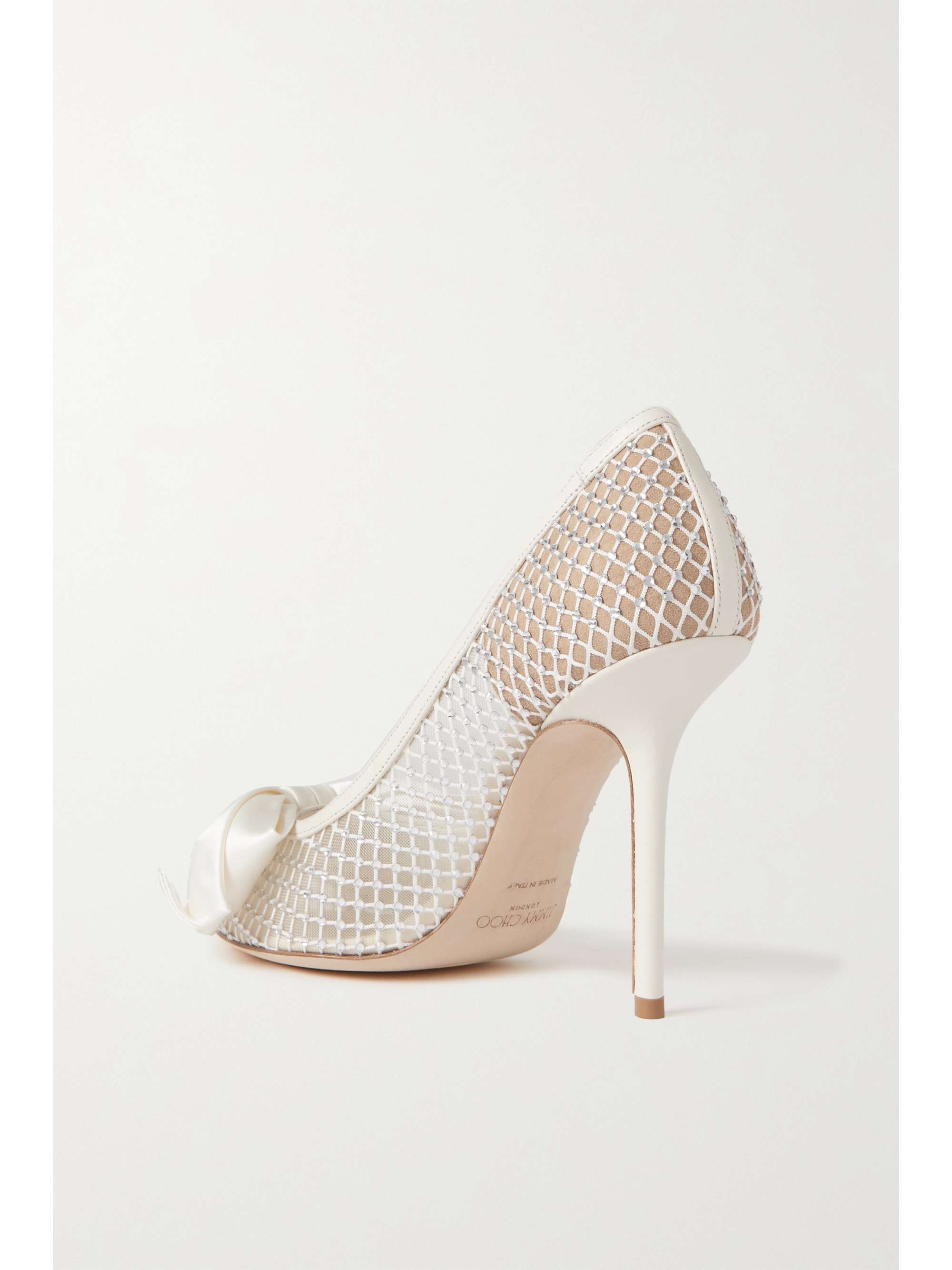 JIMMY CHOO Love 100 bow-detailed embellished leather-trimmed mesh pumps