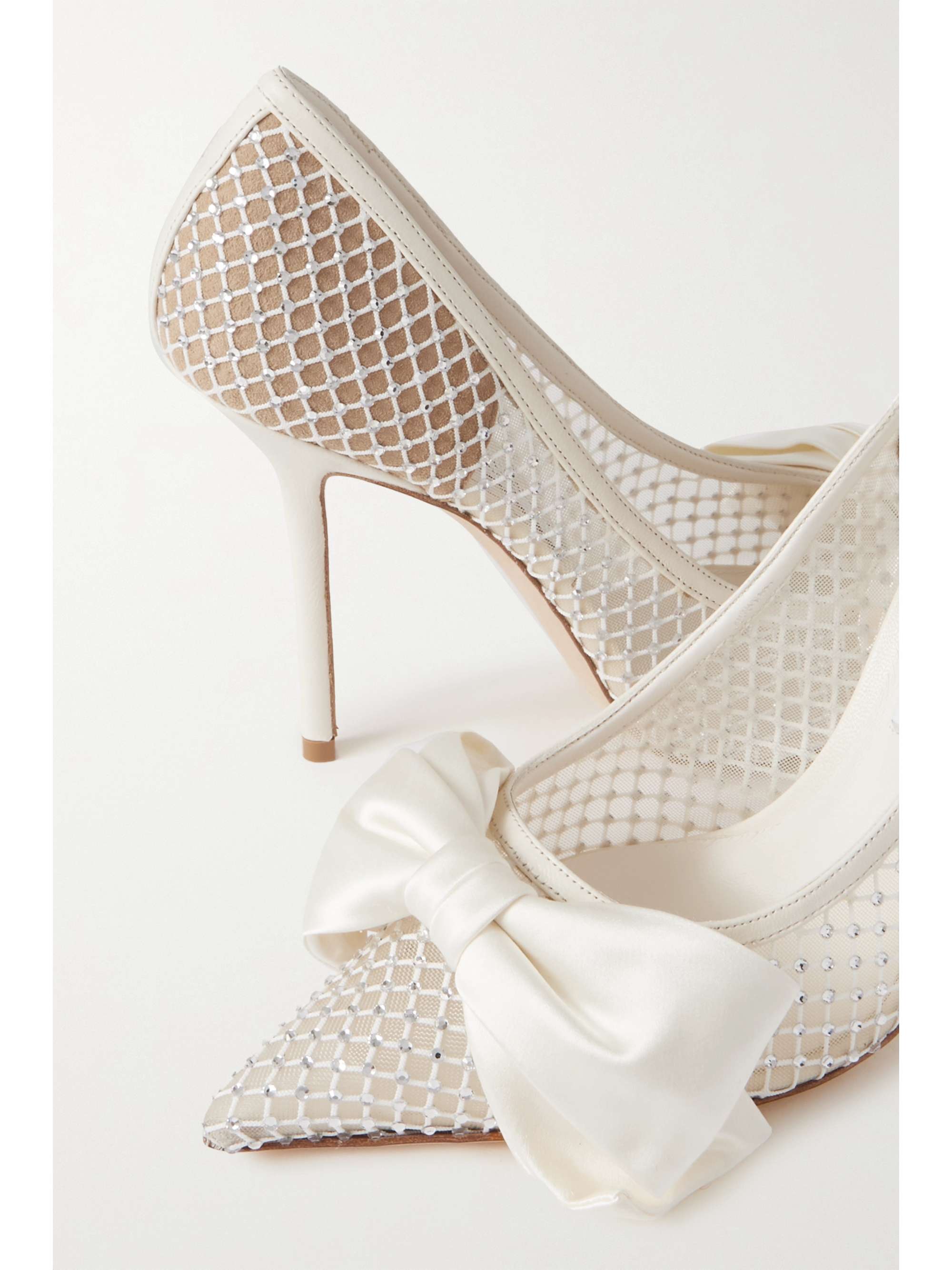 JIMMY CHOO Love 100 bow-detailed embellished leather-trimmed mesh pumps