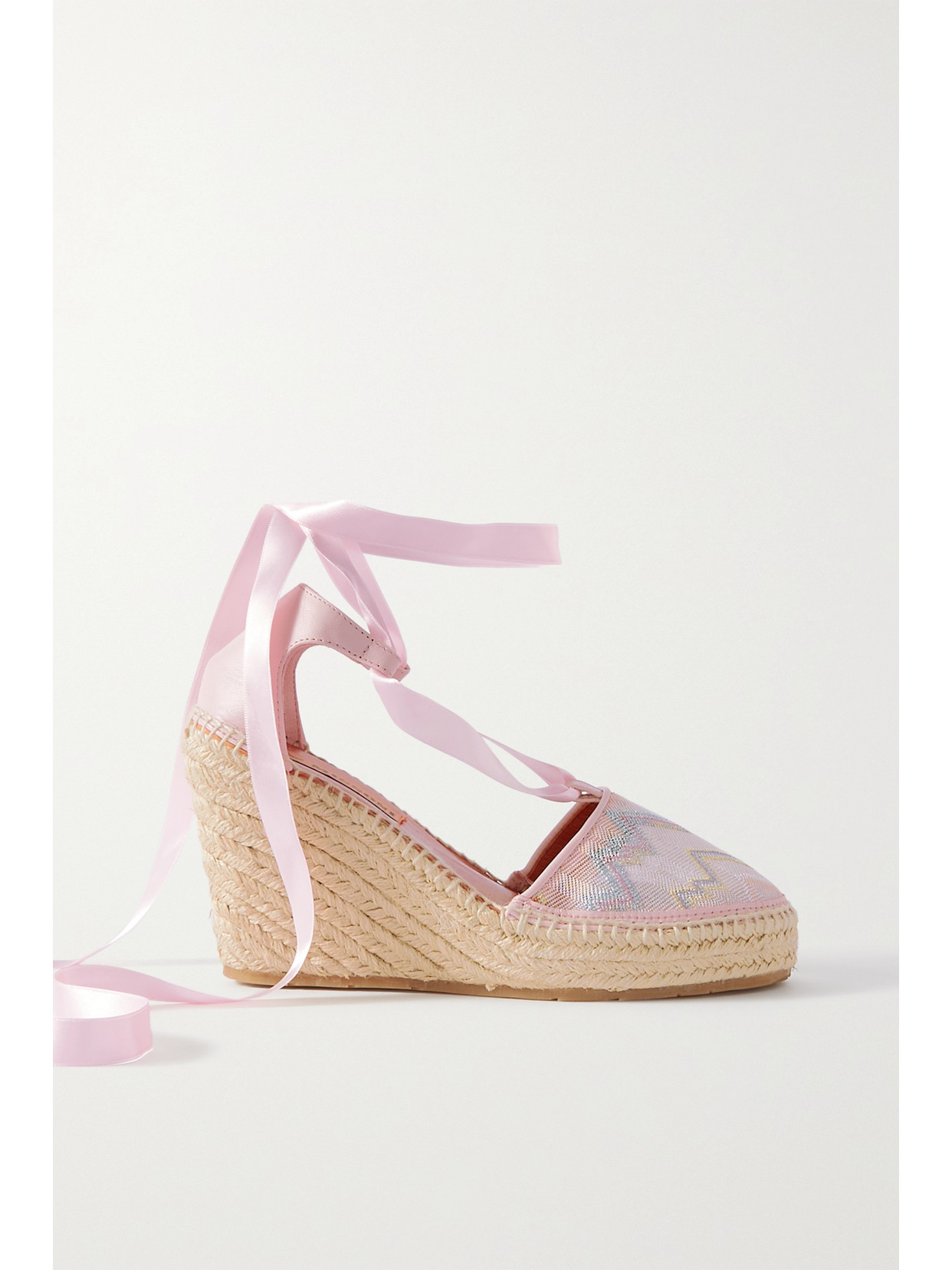 Missoni - Satin And Leather-trimmed Crochet-knit Espadrille Wedge Sandals - Pink