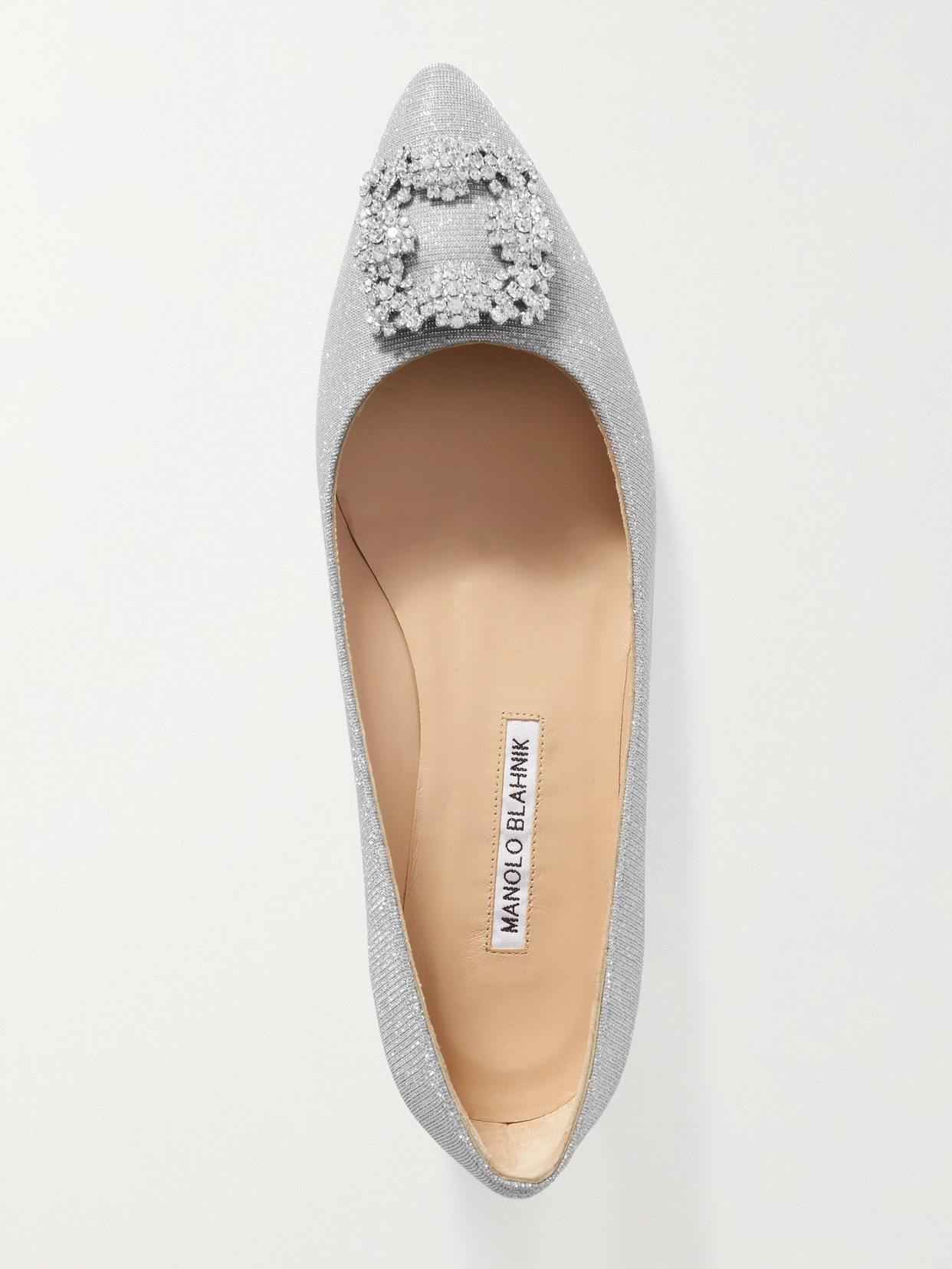 MANOLO BLAHNIK HANGISI CRYSTAL-EMBELLISHED GLITTERED SATIN POINT-TOE FLATS