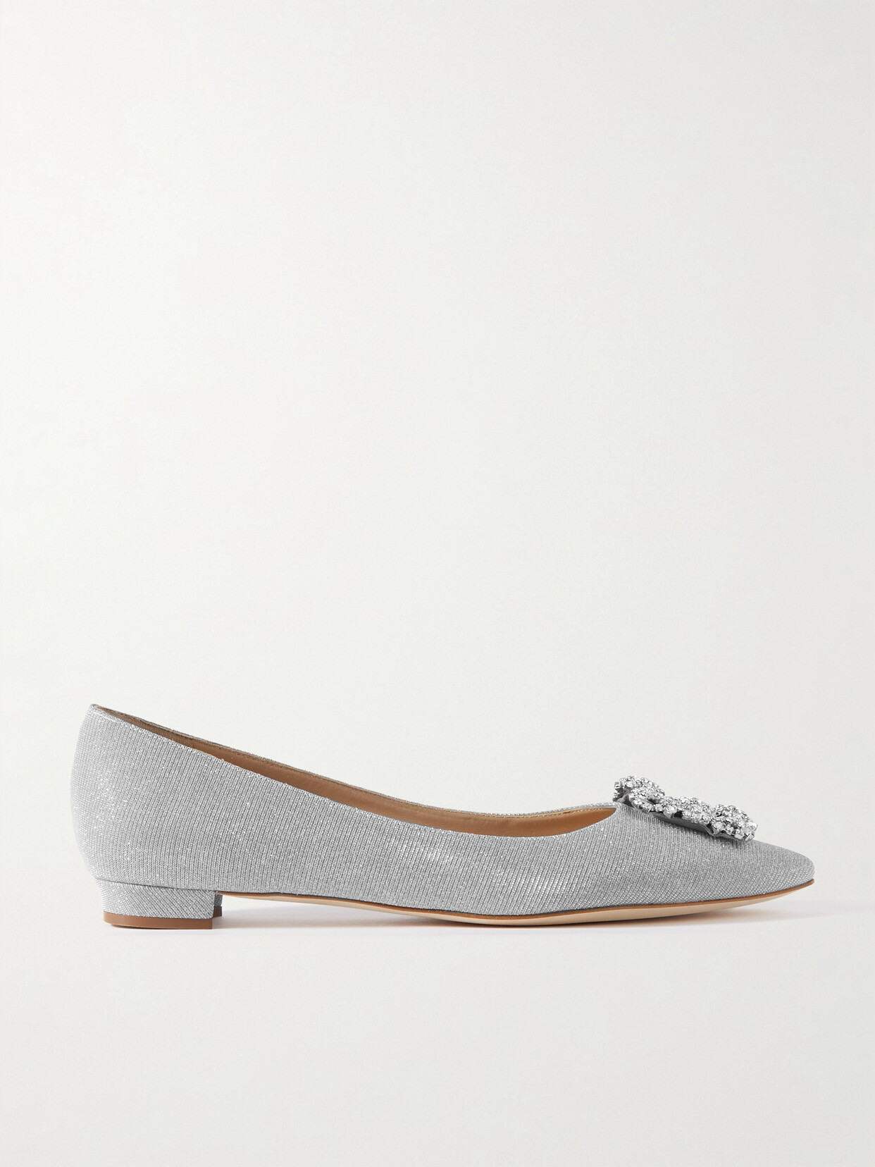 Manolo Blahnik Hangisi Embellished Glittered Satin Point-toe Flats In Silver