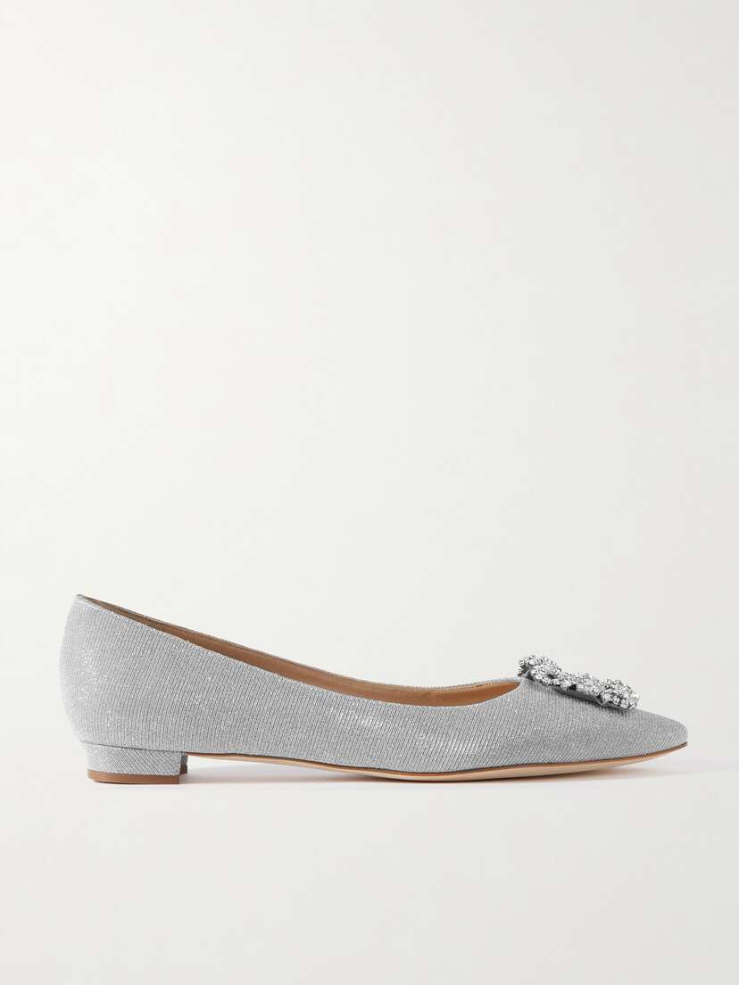 Manolo Blahnik Hangisi Crystal-embellished Glittered Satin Point-toe Flats