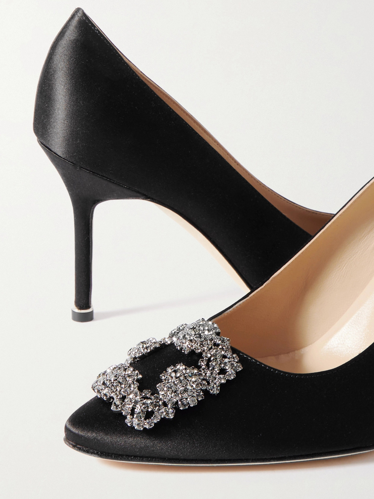 Shop Manolo Blahnik Hangisi 90 Embellished Satin Pumps In Black