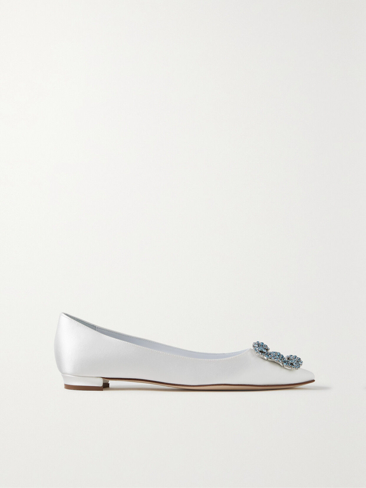 Manolo Blahnik Hangisiflat Crystal-embellished Satin Point-toe Flats - White