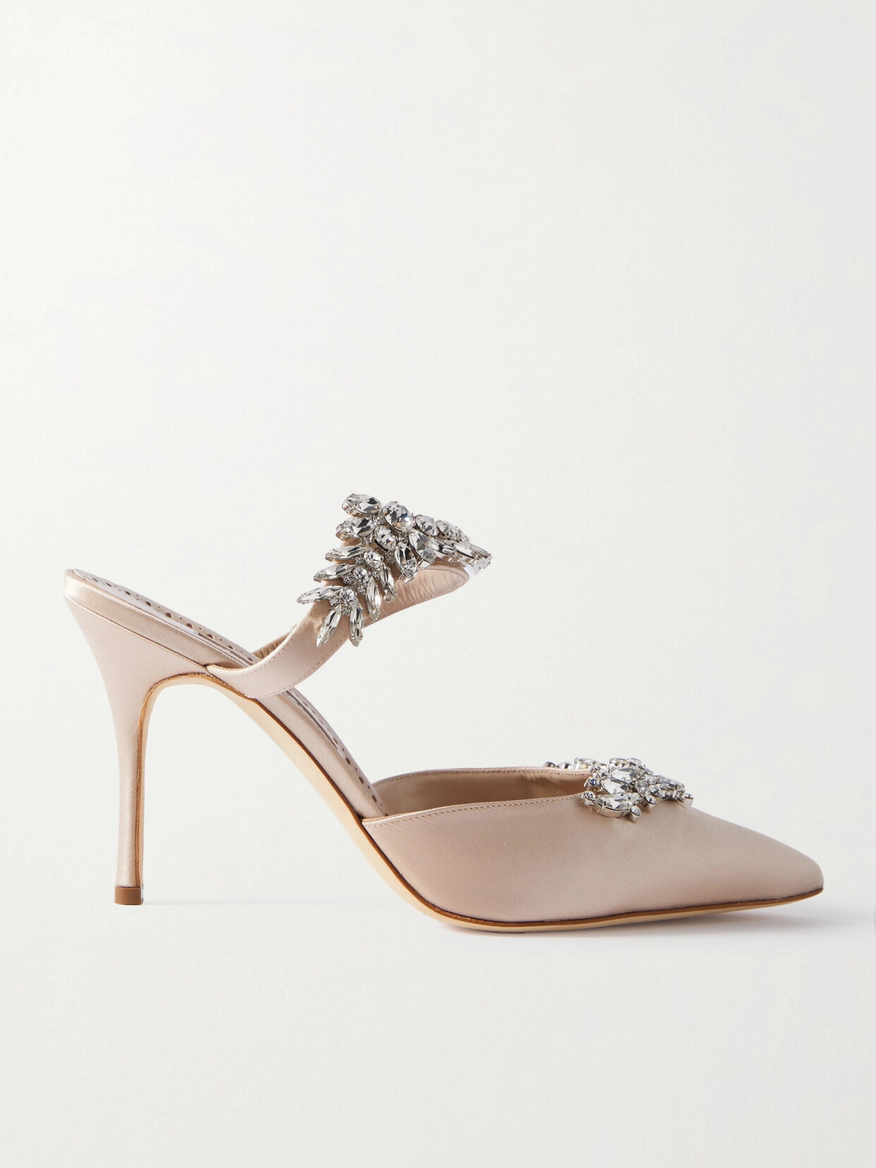 Shop Manolo Blahnik Lurum 90 Crystal-embellished Satin Mules In Neutrals