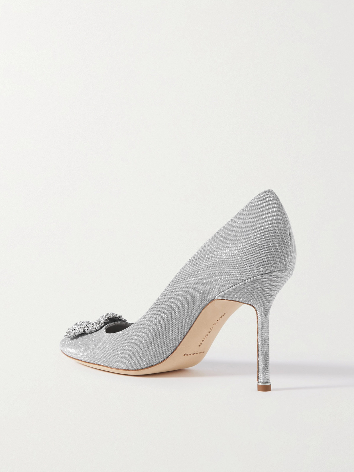 Shop Manolo Blahnik Hangisi 90 Embellished Glittered Satin Pumps In Silver