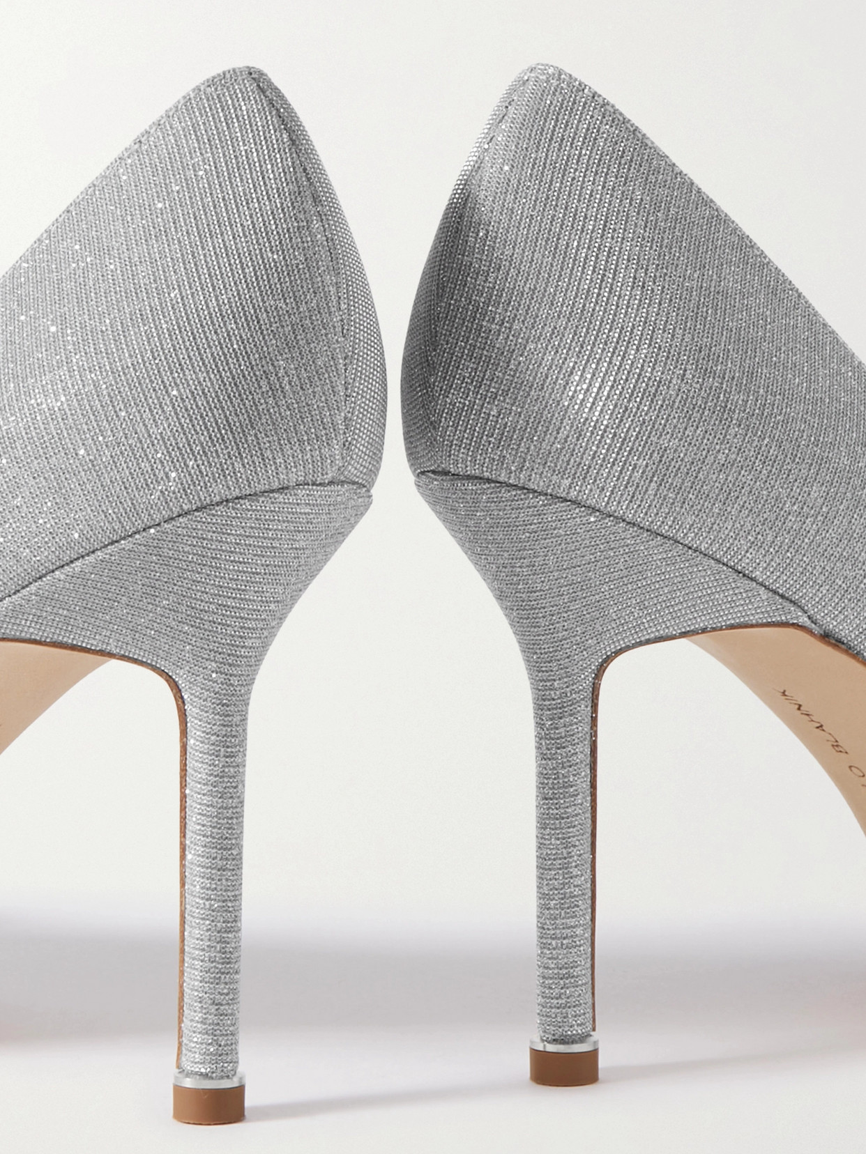 Shop Manolo Blahnik Hangisi 90 Embellished Glittered Satin Pumps In Silver