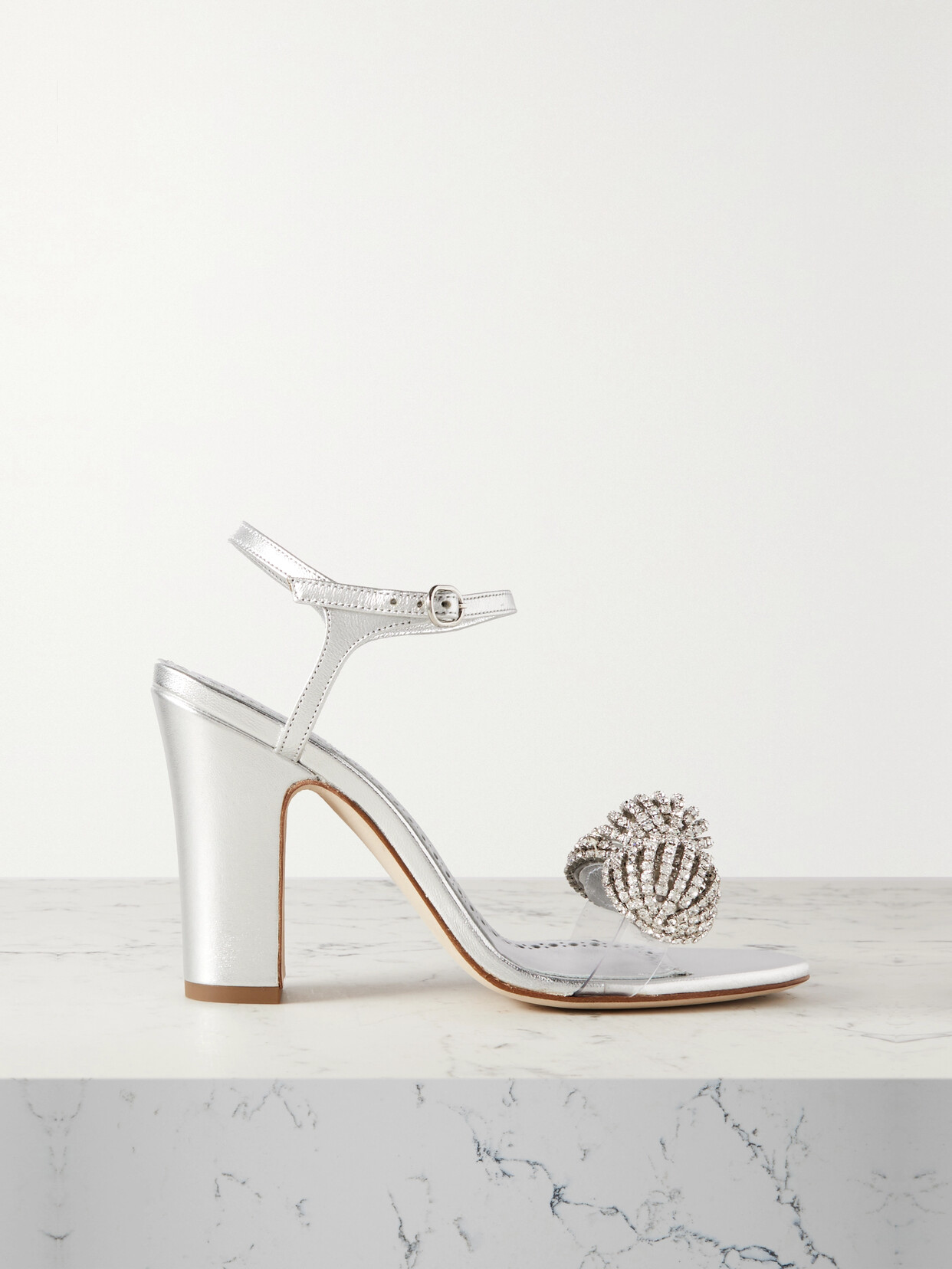 MANOLO BLAHNIK ELHOB 105 CRYSTAL-EMBELLISHED PVC AND METALLIC LEATHER SANDALS