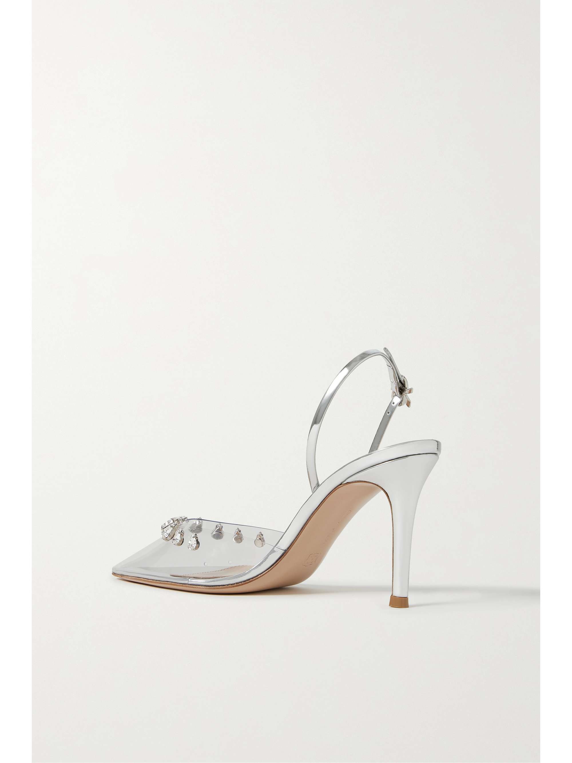 GIANVITO ROSSI 85 crystal-embellished PVC and metallic leather slingback pumps