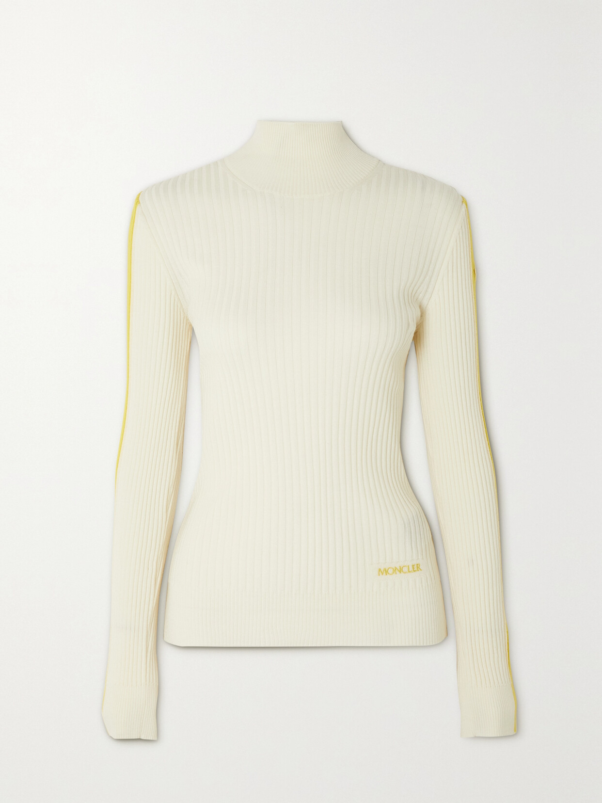 Moncler - Embroidered Striped Ribbed Wool Turtleneck Sweater - Cream