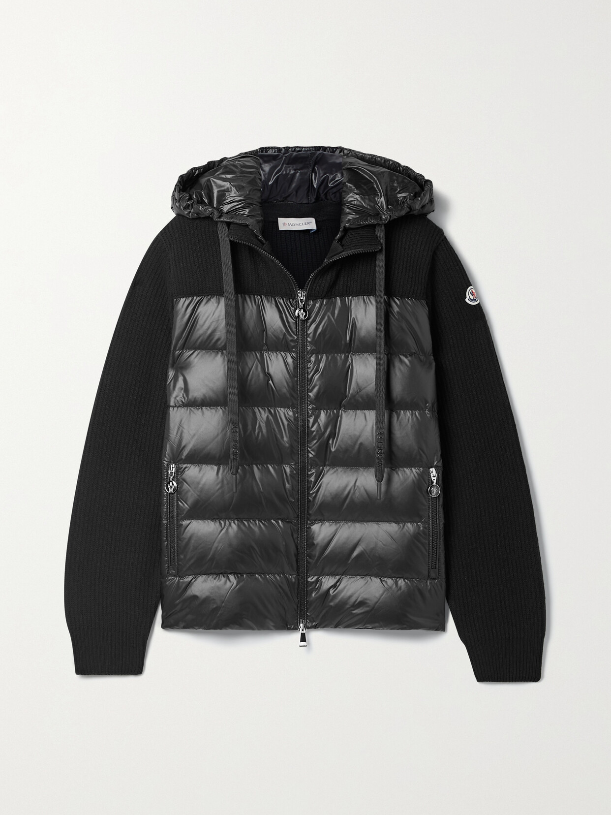 Moncler - Ribbed Wool And Quilted Shell Down Hoodie - Black