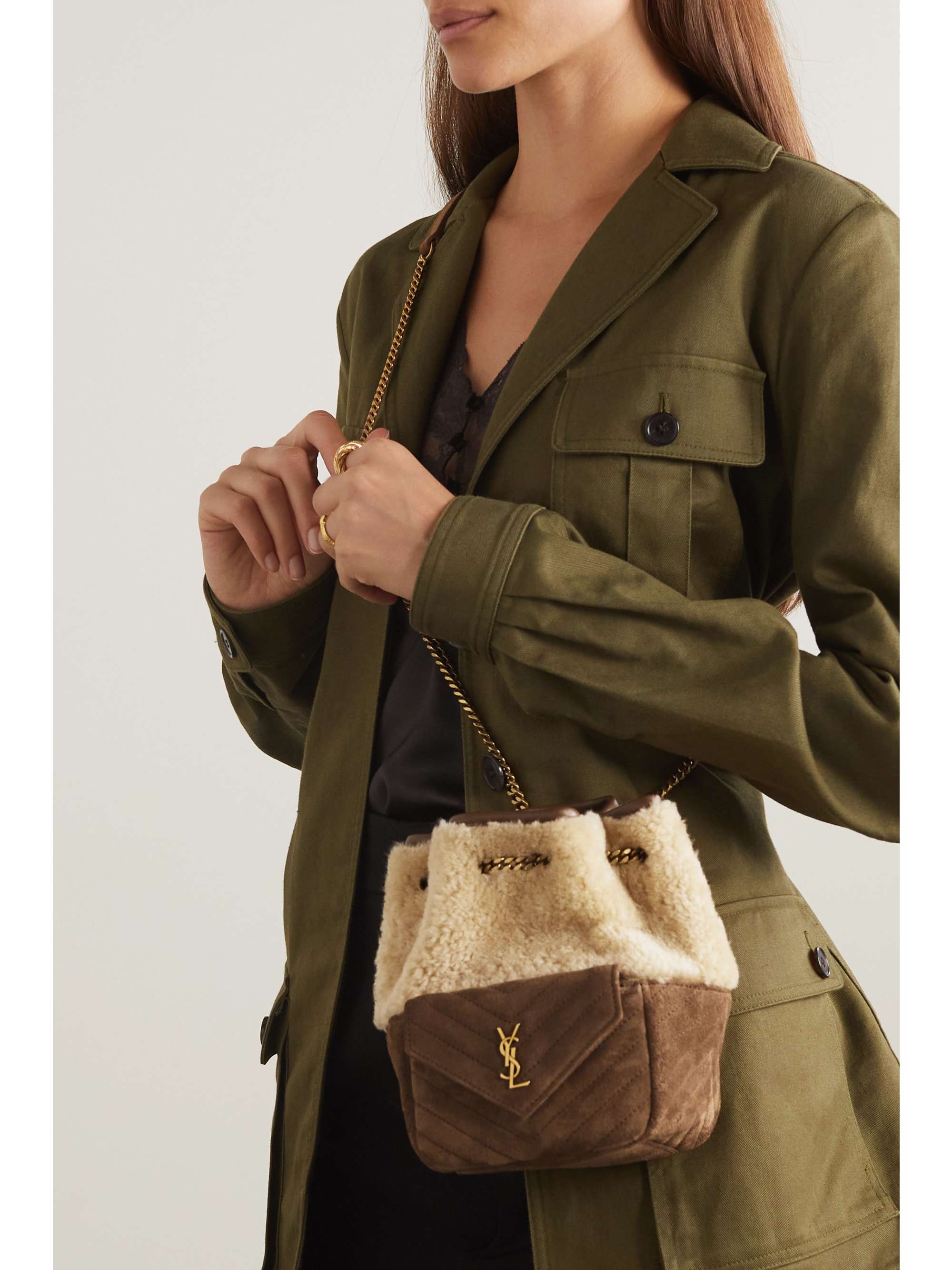 SAINT LAURENT Joe mini suede and shearling bucket bag