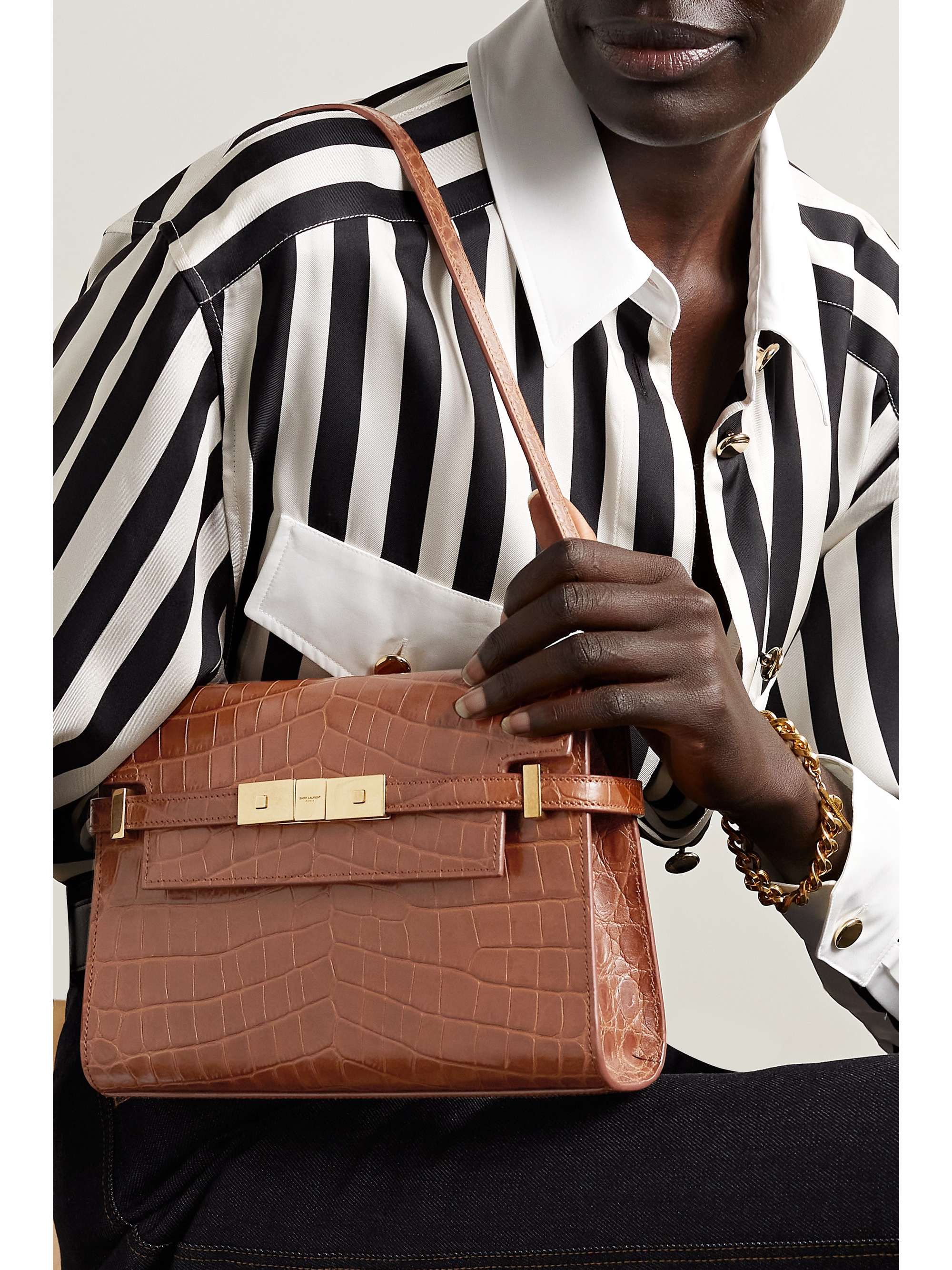 SAINT LAURENT Manhattan embellished croceffect leather shoulder bag