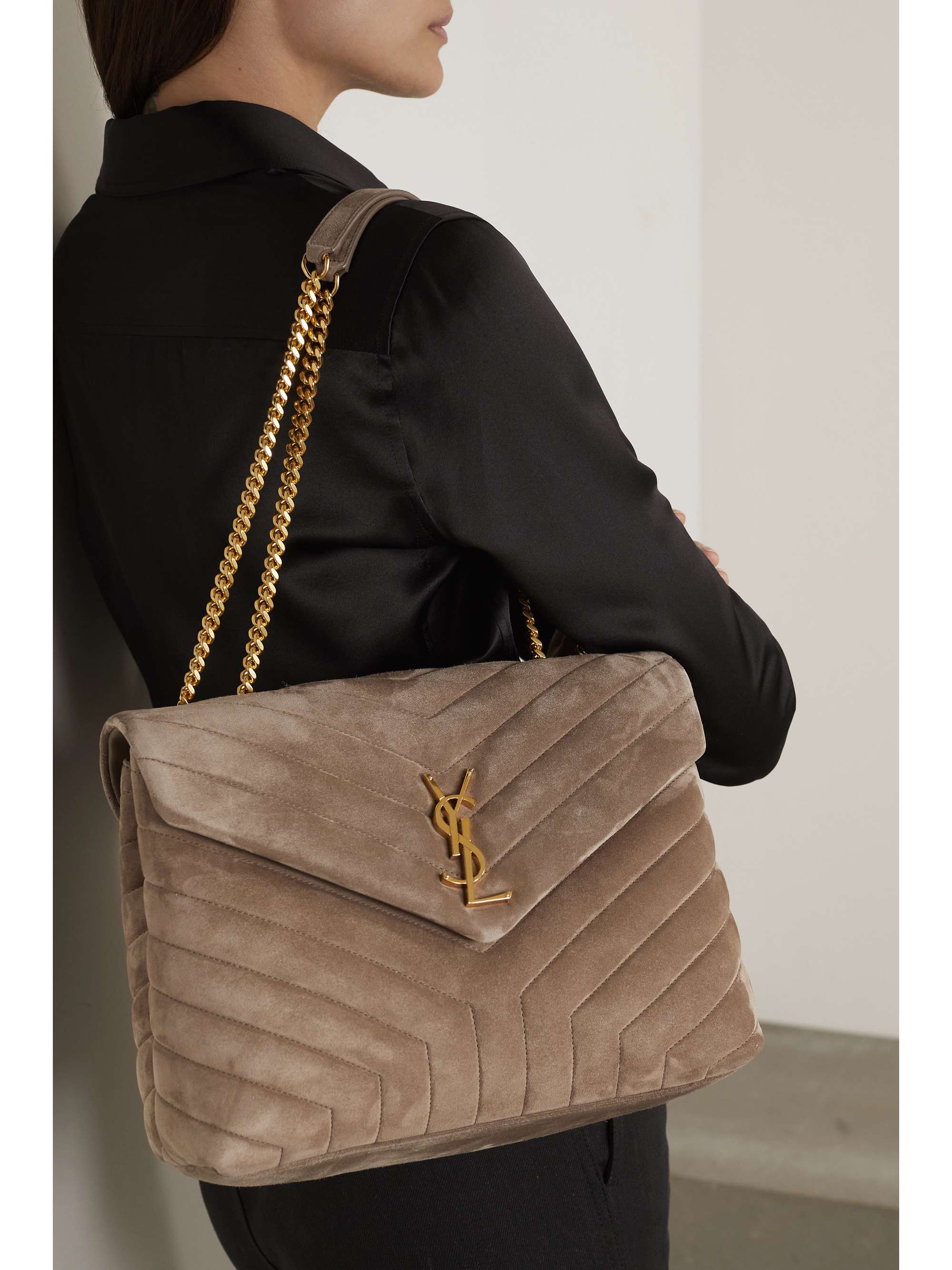 Saint Laurent Medium Loulou Quilted Suede Shoulder Bag Taupe