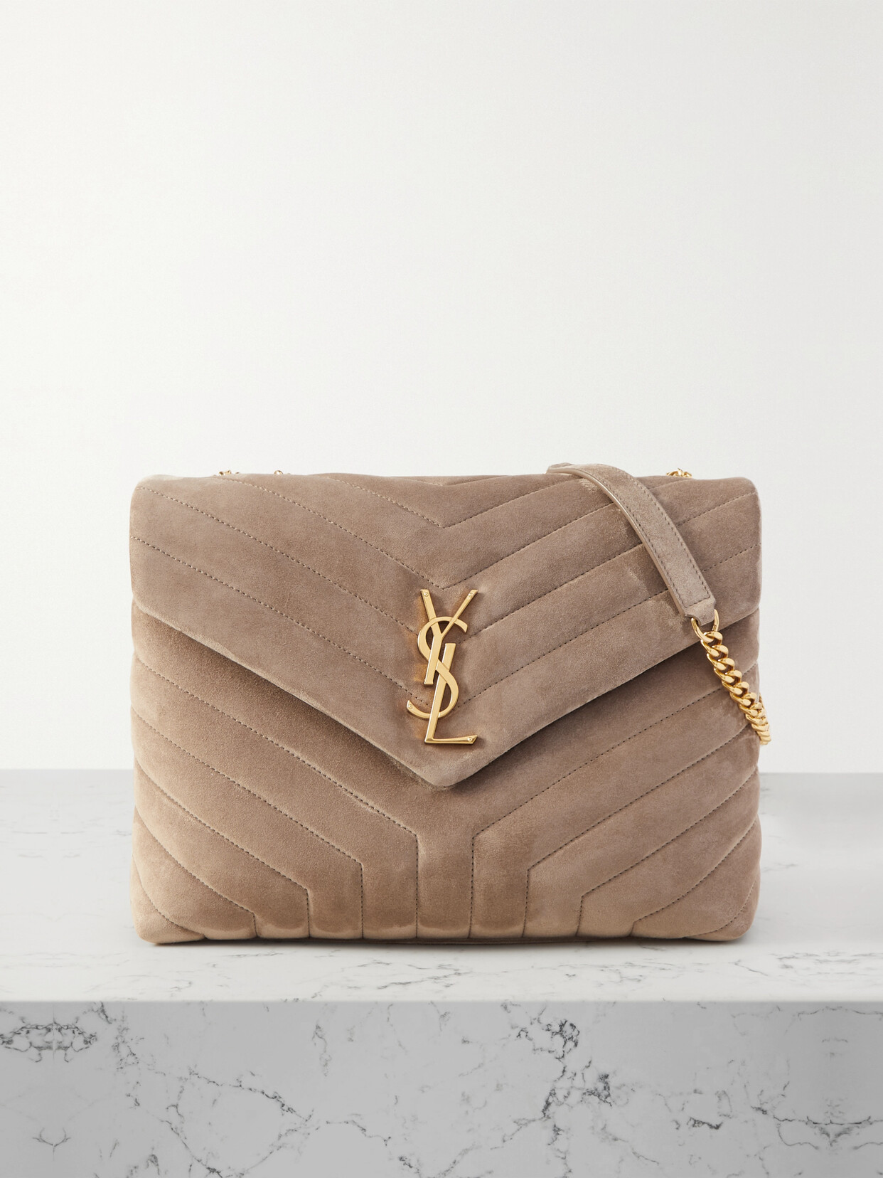 SAINT LAURENT Calfskin Y Quilted Monogram Toy Loulou Crossbody Bag Latte  1261620