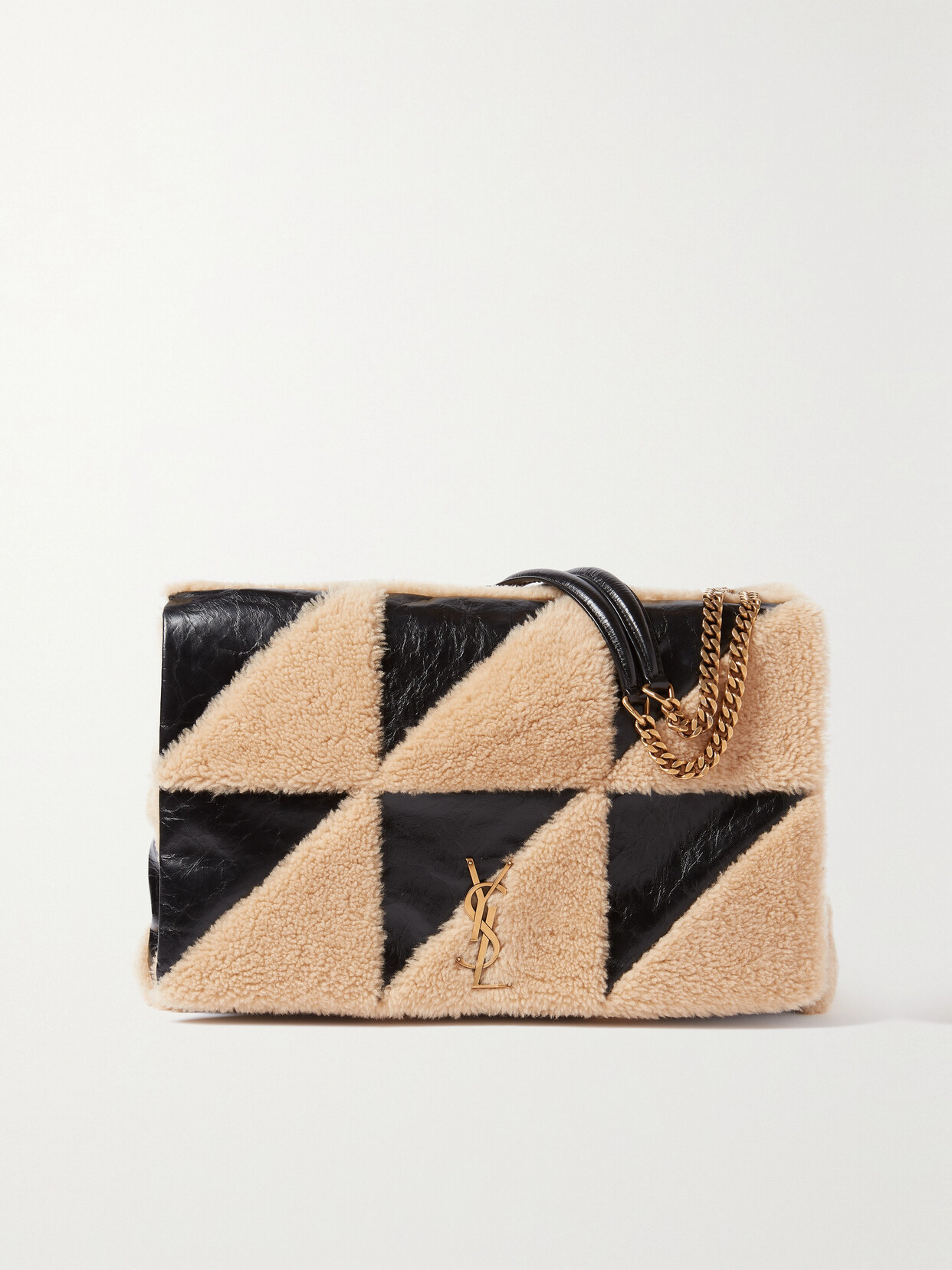 Saint Laurent Jamie Large Patchwork Shearling And Crinkled-leather Shoulder Bag In Black