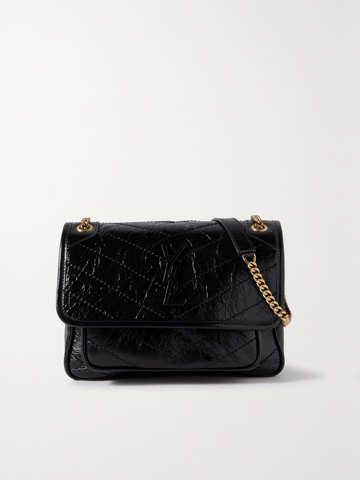 Saint Laurent Niki Baby Mini Quilted Crinkled Glossed-leather Shoulder Bag In Black