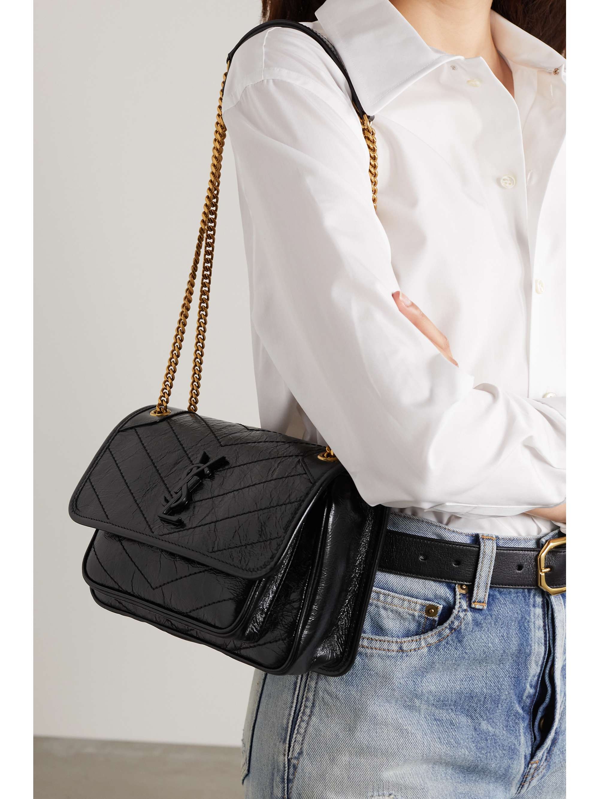 SAINT LAURENT Niki Baby mini quilted crinkled glossed-leather shoulder bag