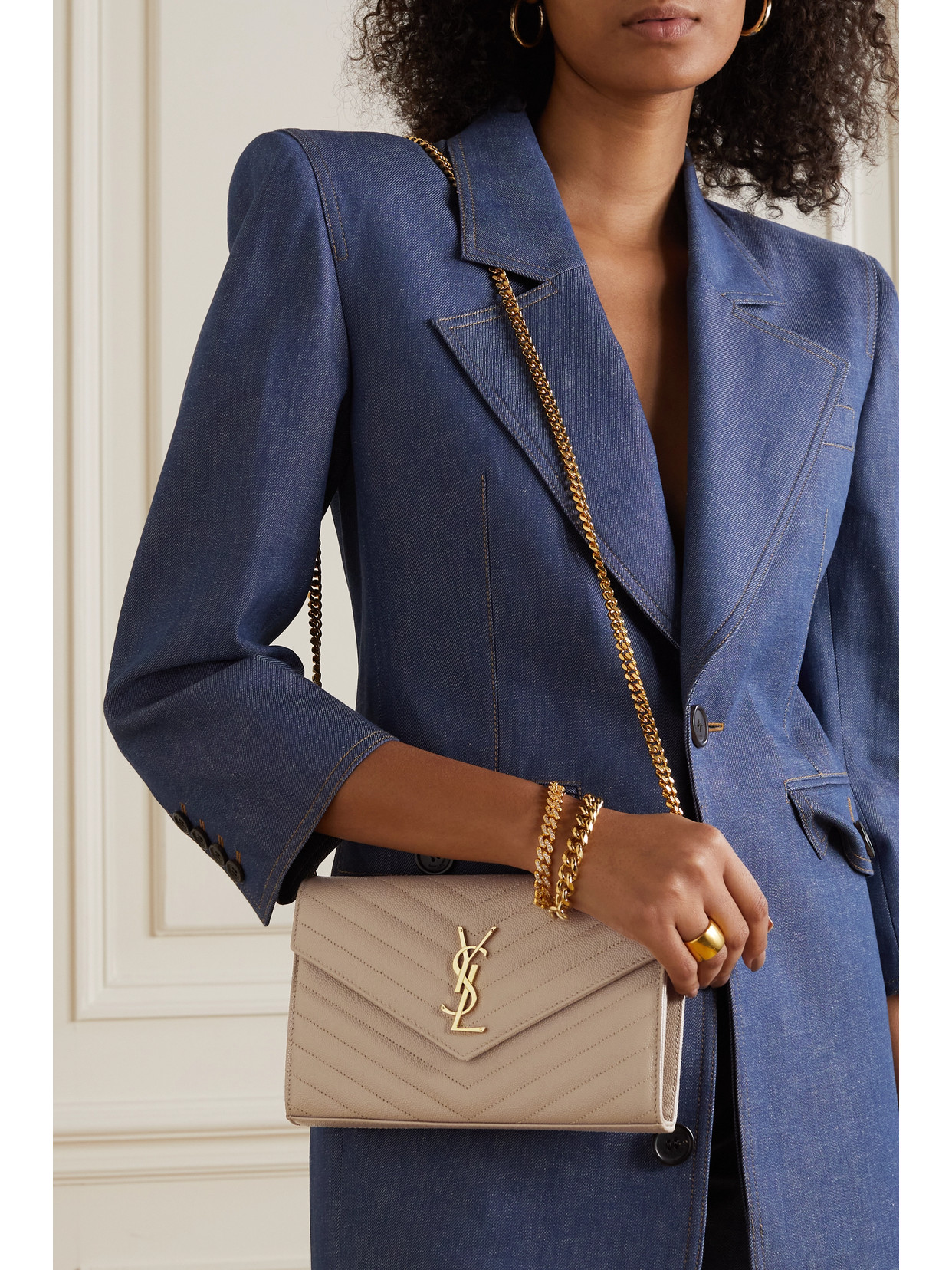 Saint Laurent Monogramme Mini Quilted Textured-leather Shoulder Bag In Neutrals