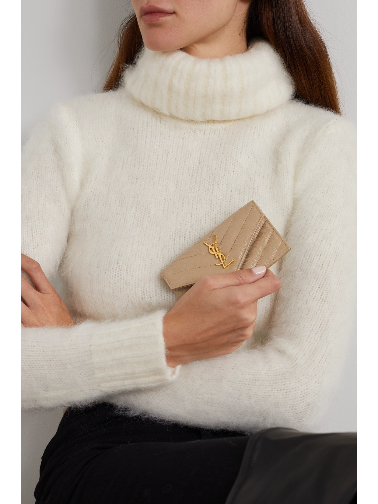 Saint Laurent Cassandre Quilted Textured-leather Wallet In Neutrals