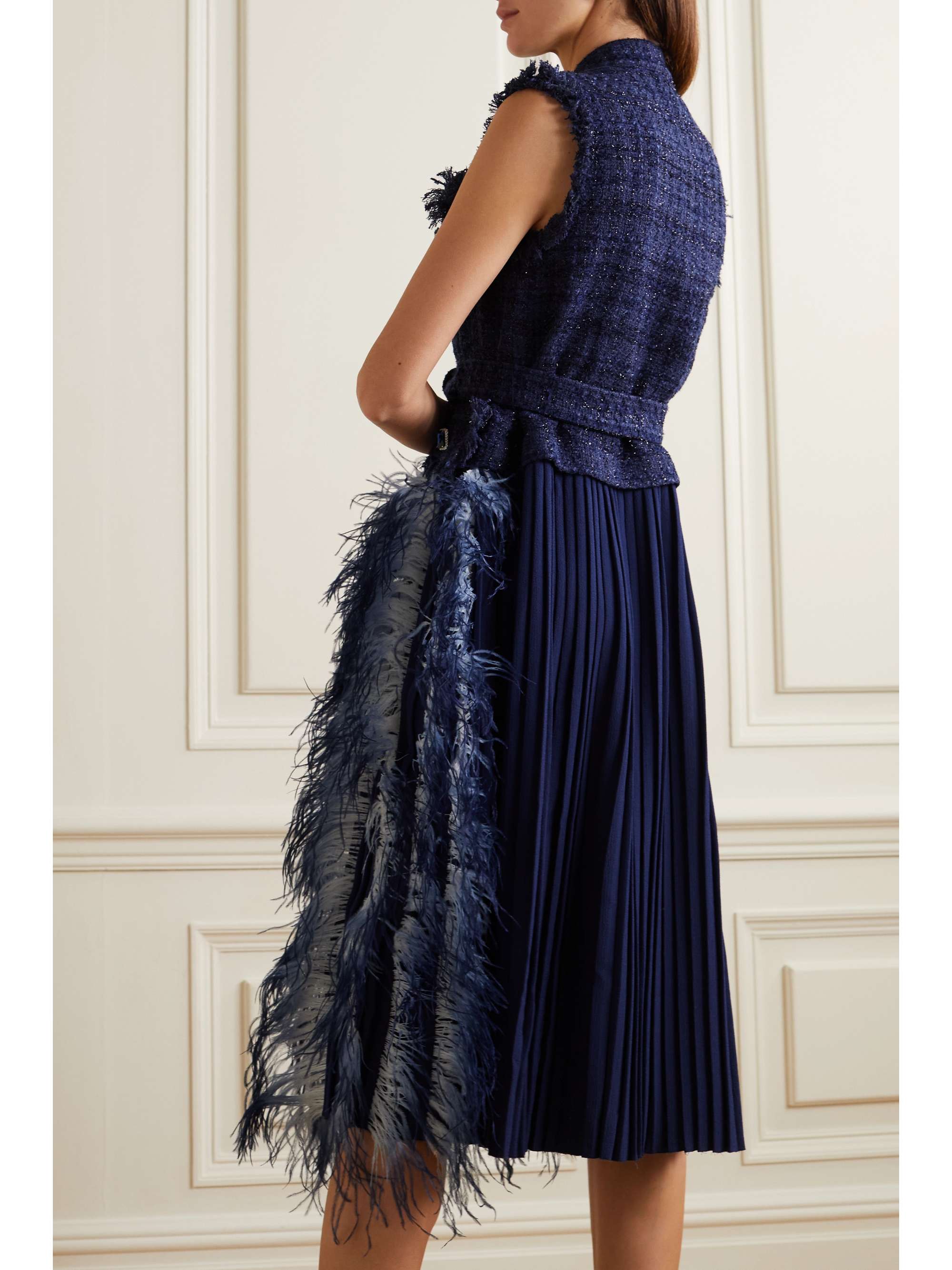 Navy Wyatt crystal-embellished feather-trimmed belted metallic tweed ...